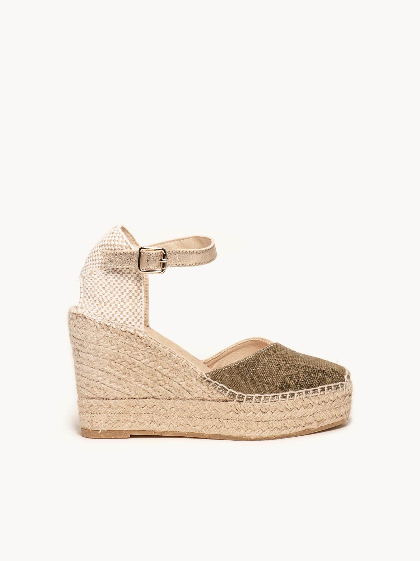 Sandália Anabela Alta Jara Linho Metalizado Verde Caqui