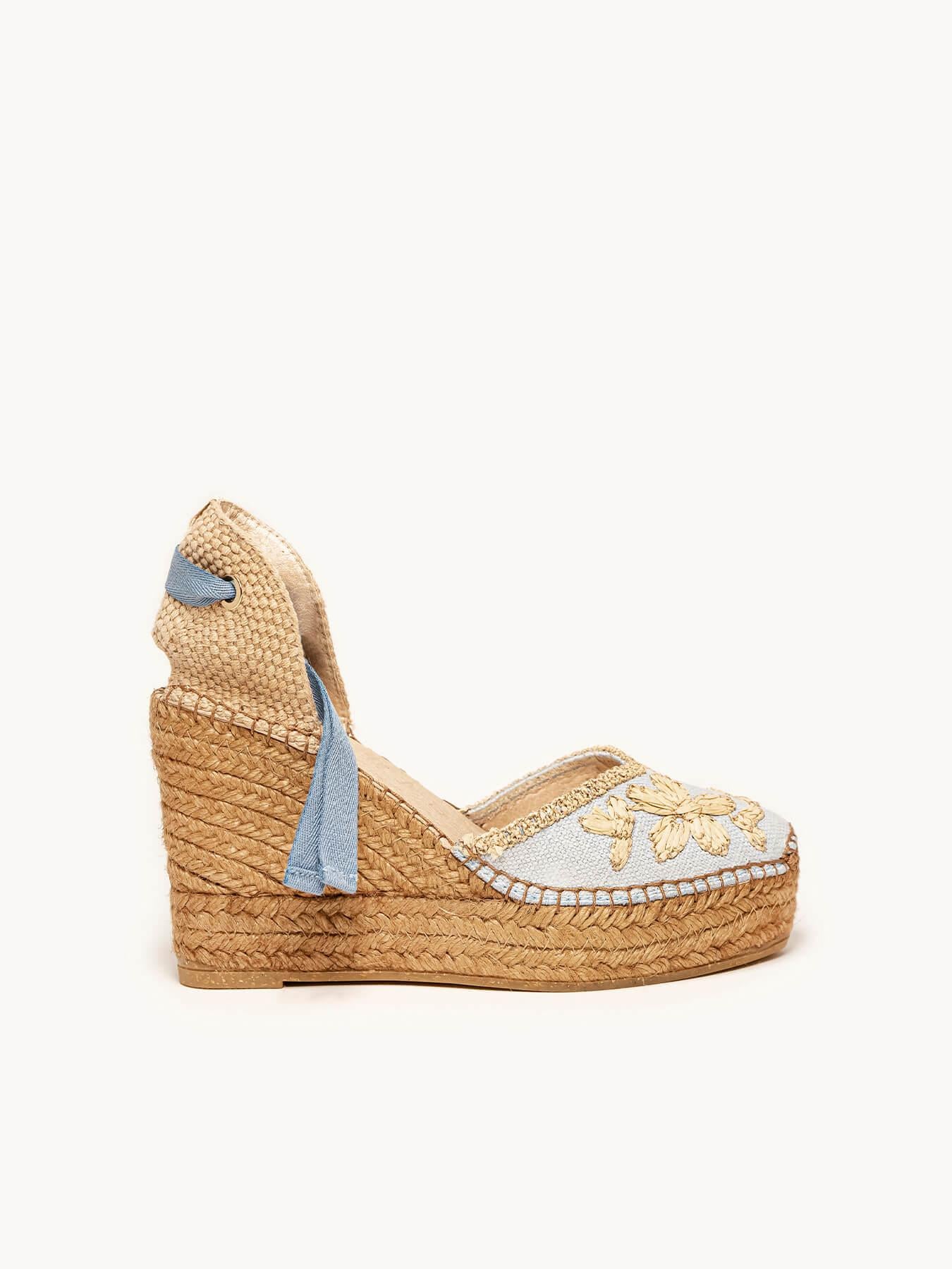 Sandália Romero Anabela 10 cm Bordado Azul Claro