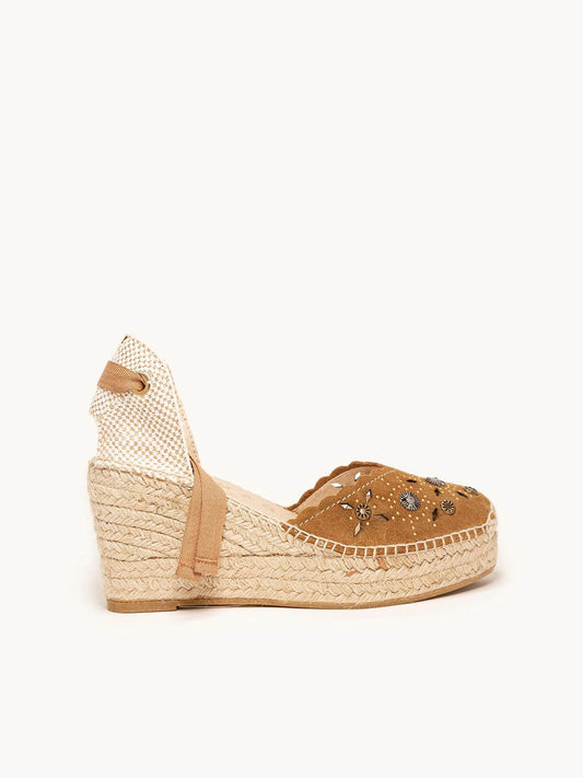 Sandália Romero Anabela 8 cm Camurça Marrom Claro