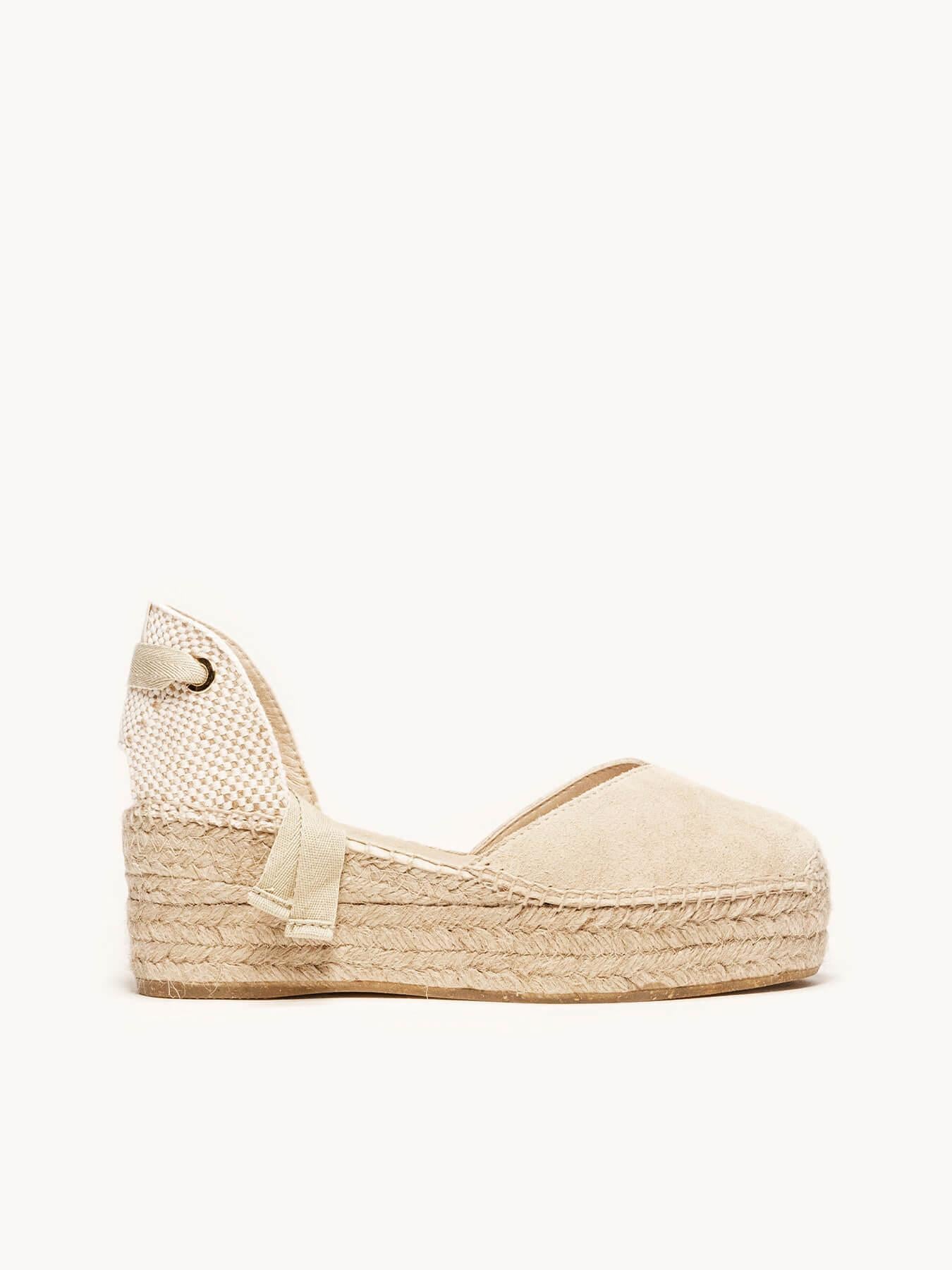 Sandália Romero Anabela 6 cm Camurça Areia