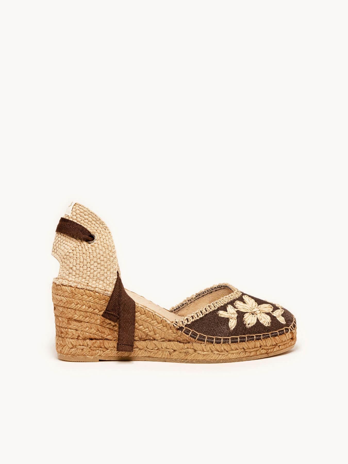 Sandália Romero Anabela 7 cm Bordado Marrom Escuro