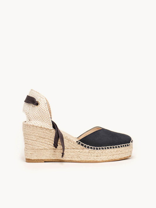 Sandália Romero Anabela 8 cm Camurça Azul Marinho