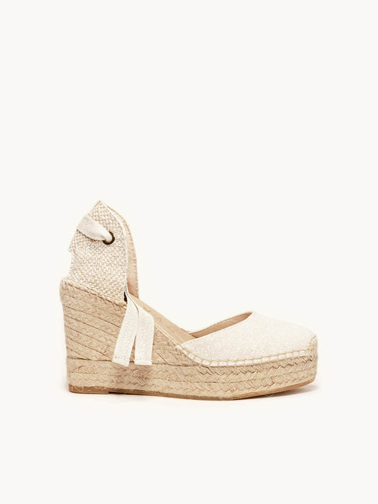 Sandália Anabela Alta Cala Lona Branco Metalizado