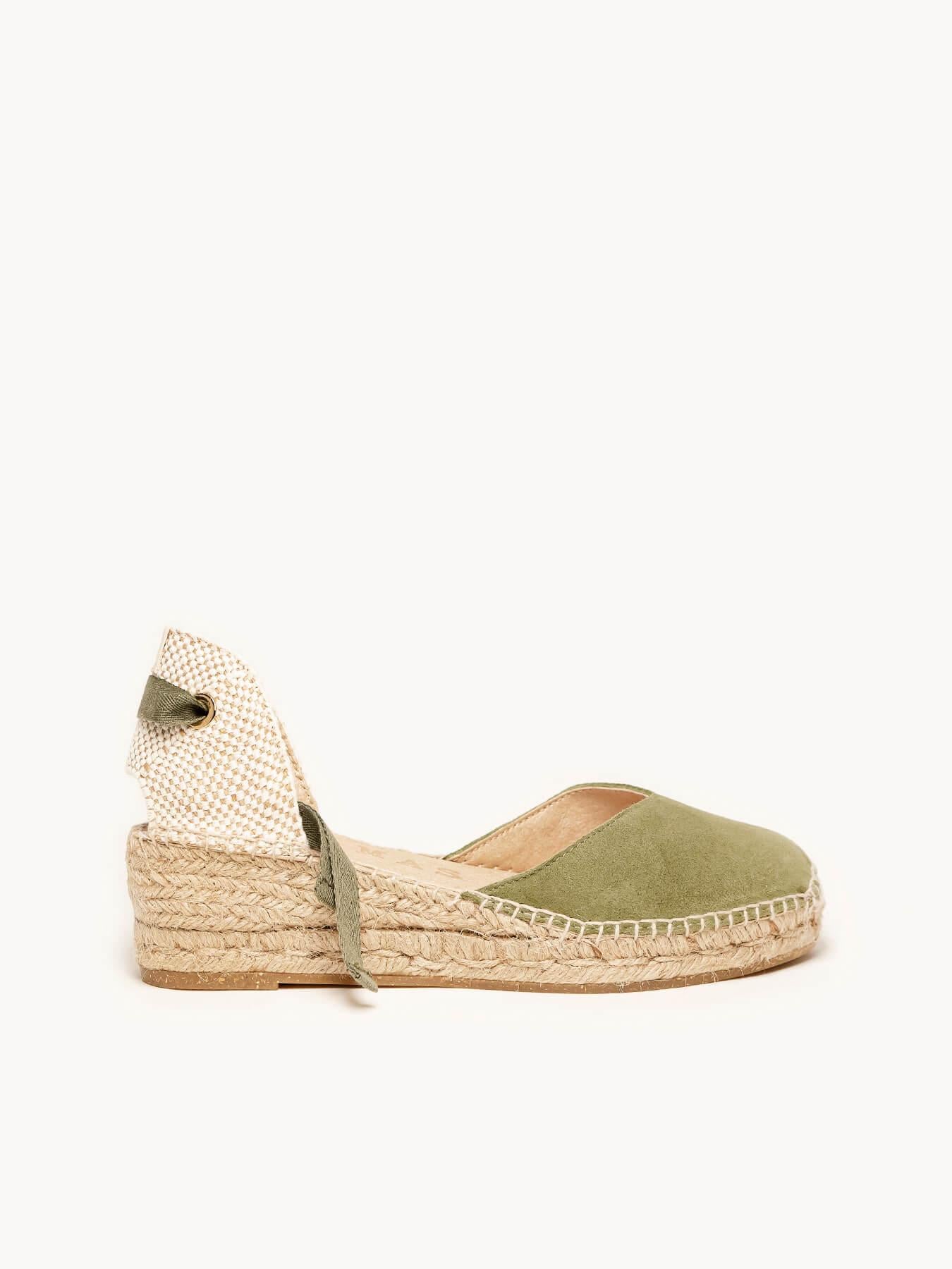 Sandália Romero Anabela 5 cm Camurça Verde Cáqui