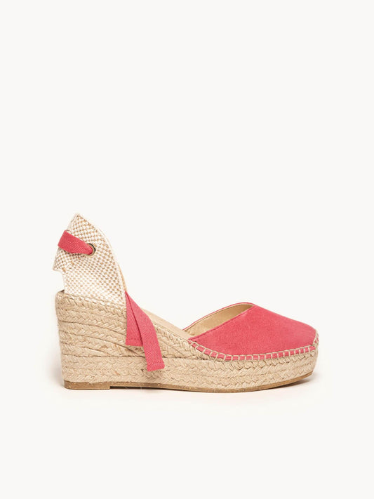 Sandália Romero Anabela 8 cm Camurça Rosa Fúcsia