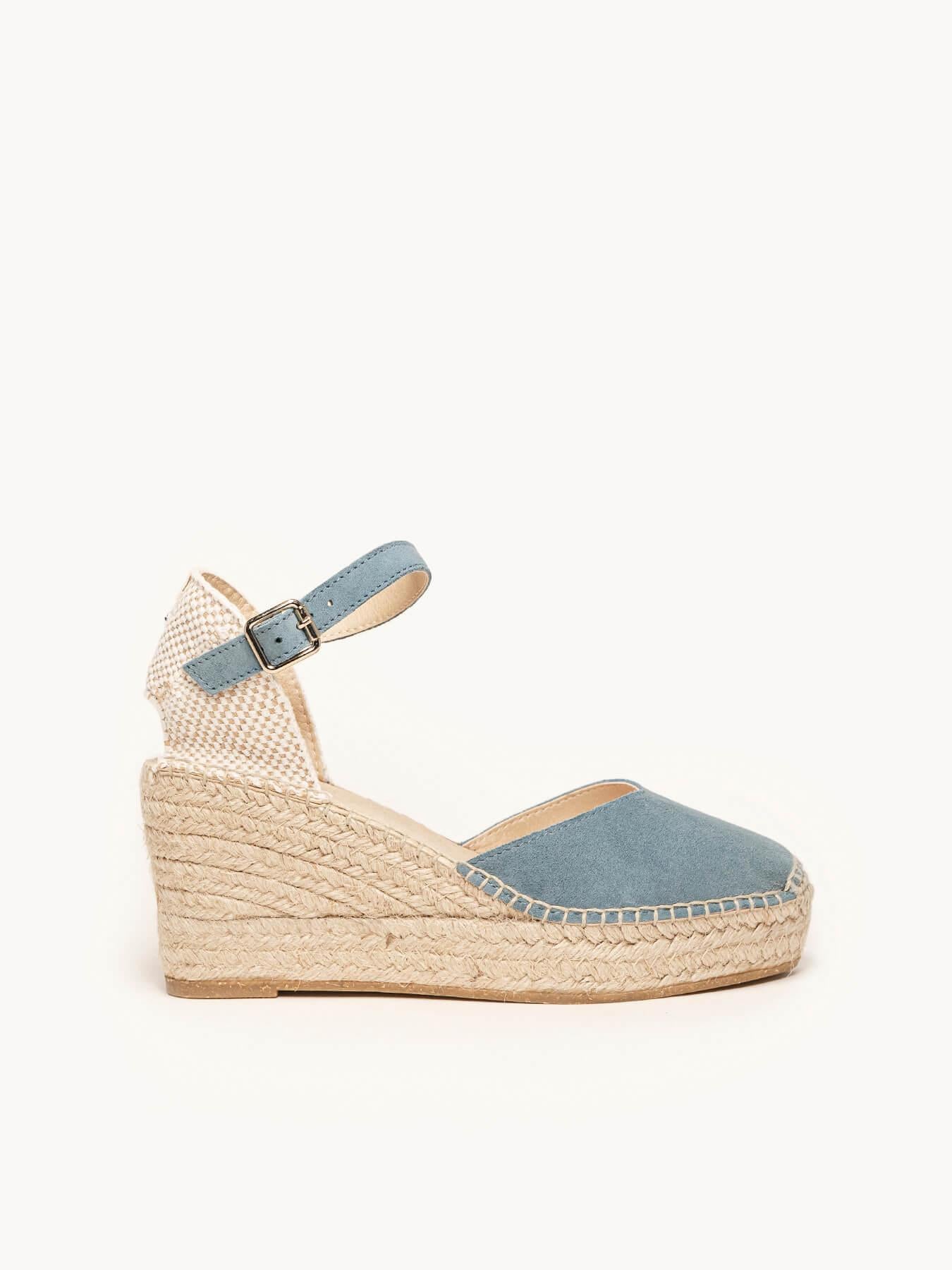 Sandália Jara Anabela 8 cm Camurça Azul Jeans