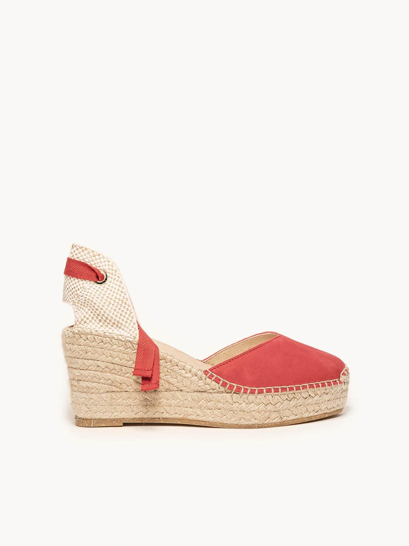 Sandália Romero Anabela 8 cm Camurça Vermelho