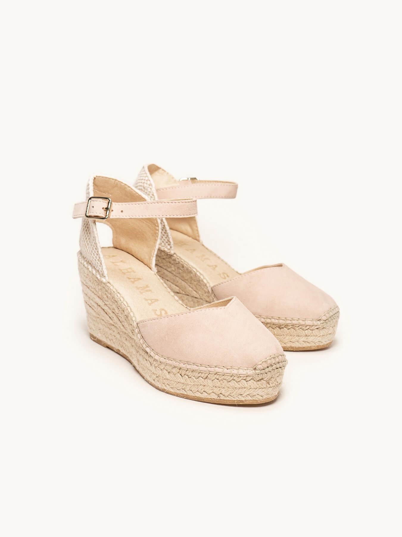 Sandália Anabela Média Plataforma Jara Camurça Rosa Claro