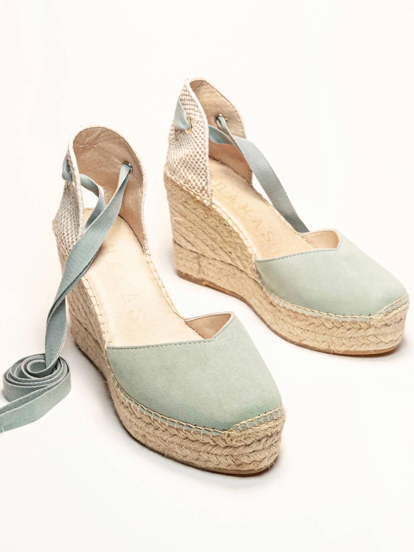 Sandália Romero Anabela 10 cm Camurça Verde Claro