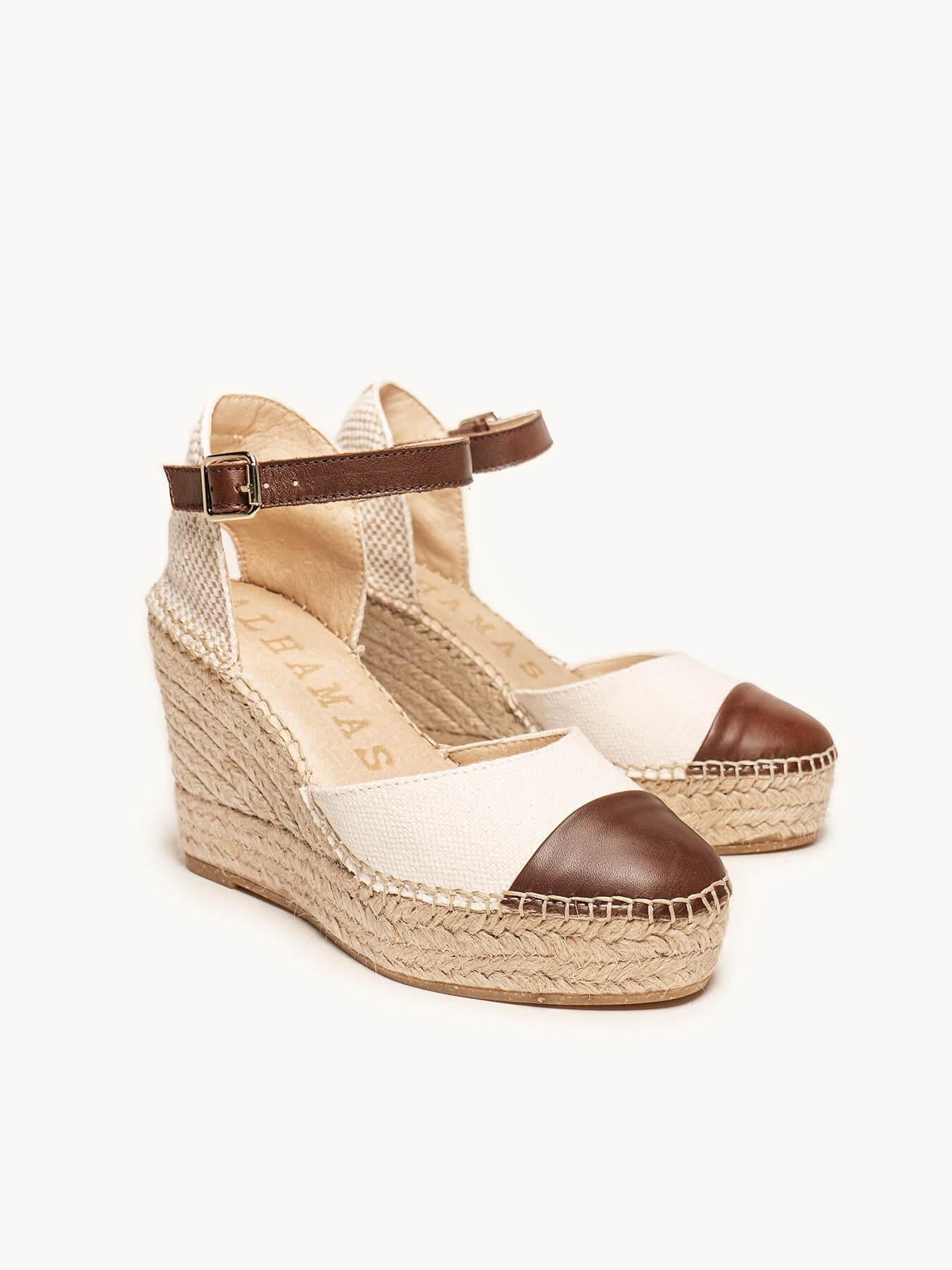 Sandália Anabela Alta Marga Napa Linho Marrom