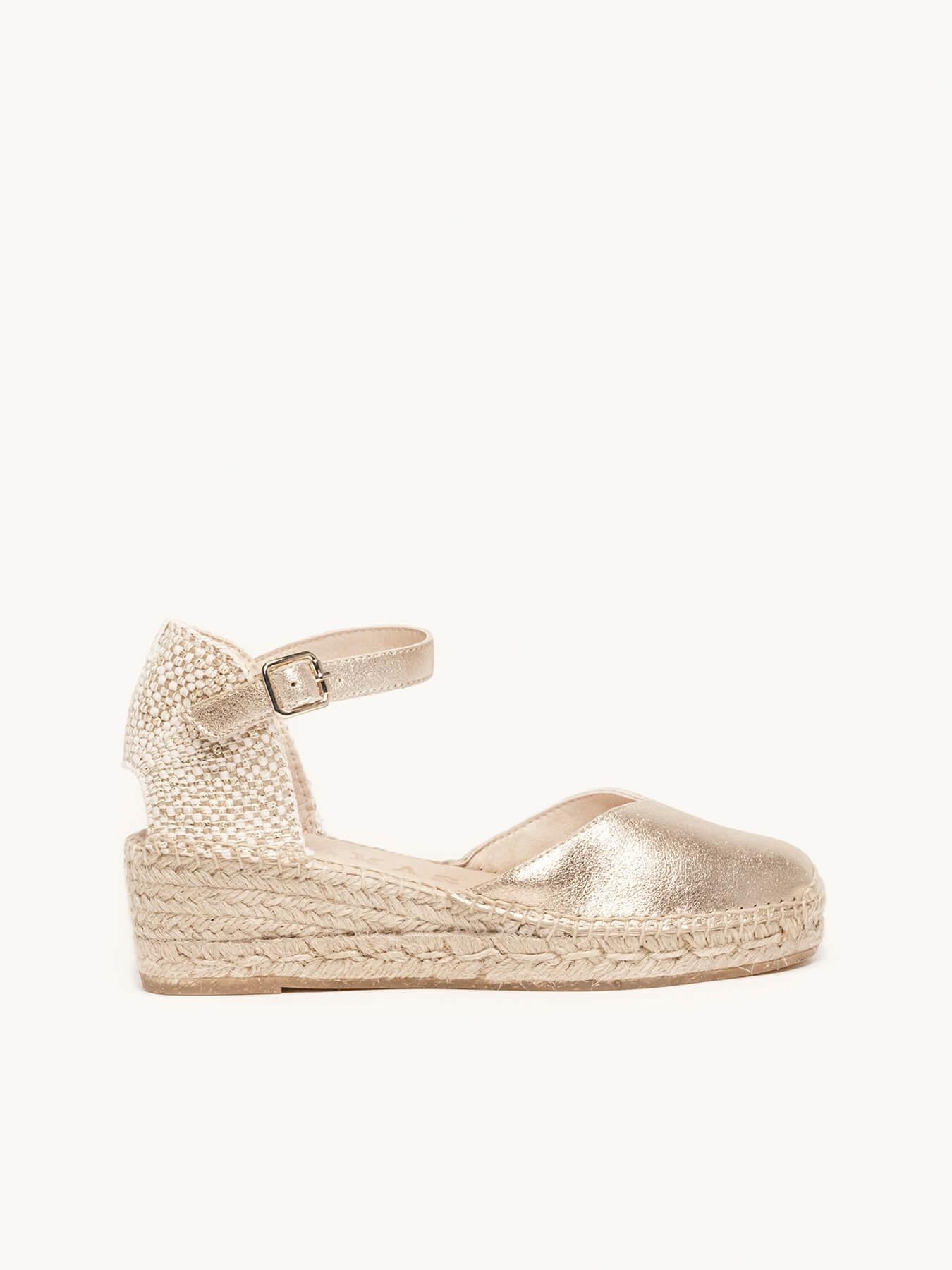 Sandália Jara Anabela 5 cm Camurça Dourado