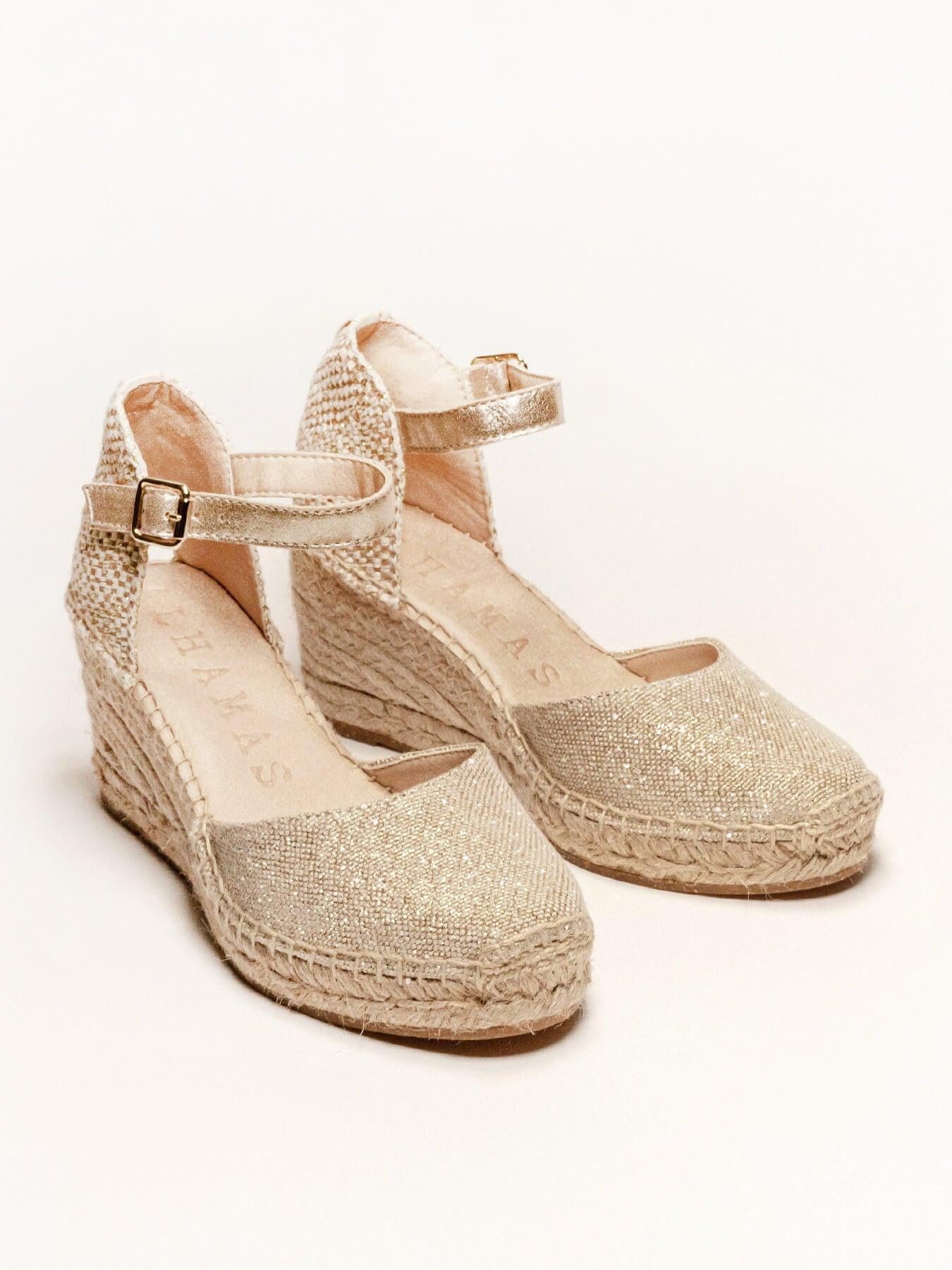 Sandália Anabela Média Dalia Linho Dourado Metalizado