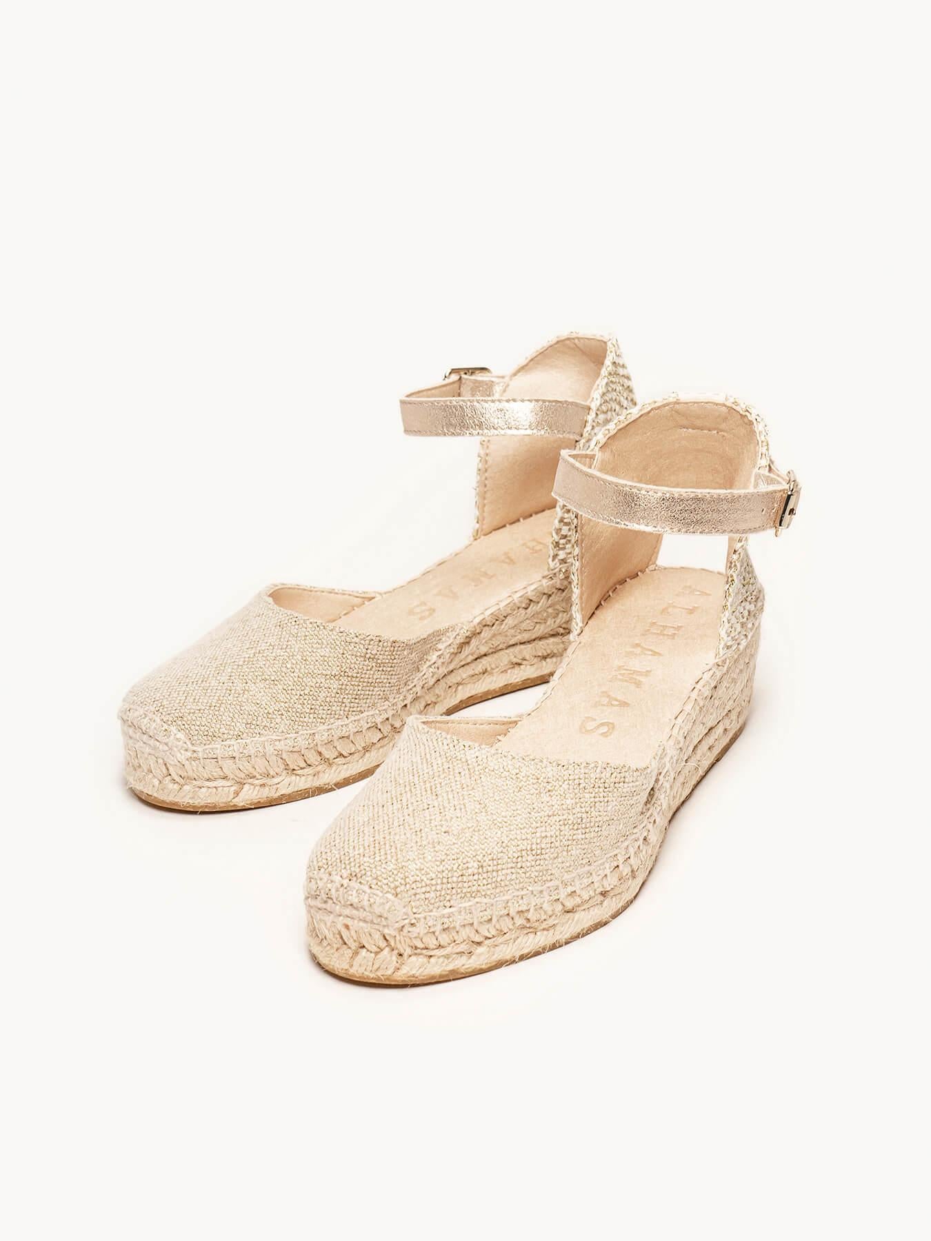 Sandália Dalia Anabela 5 cm Linho Metal Dourado