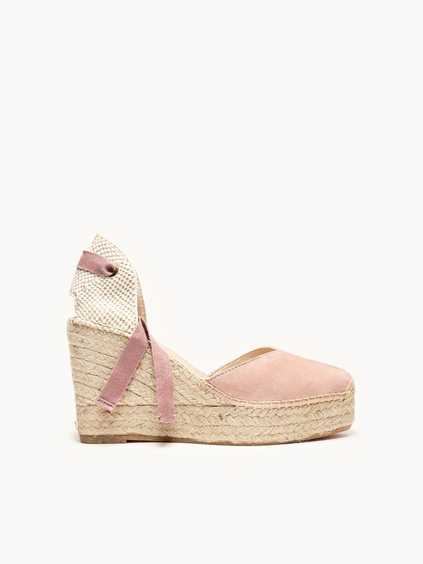 Sandália Anabela Alta Romero Camurça Rosa Claro