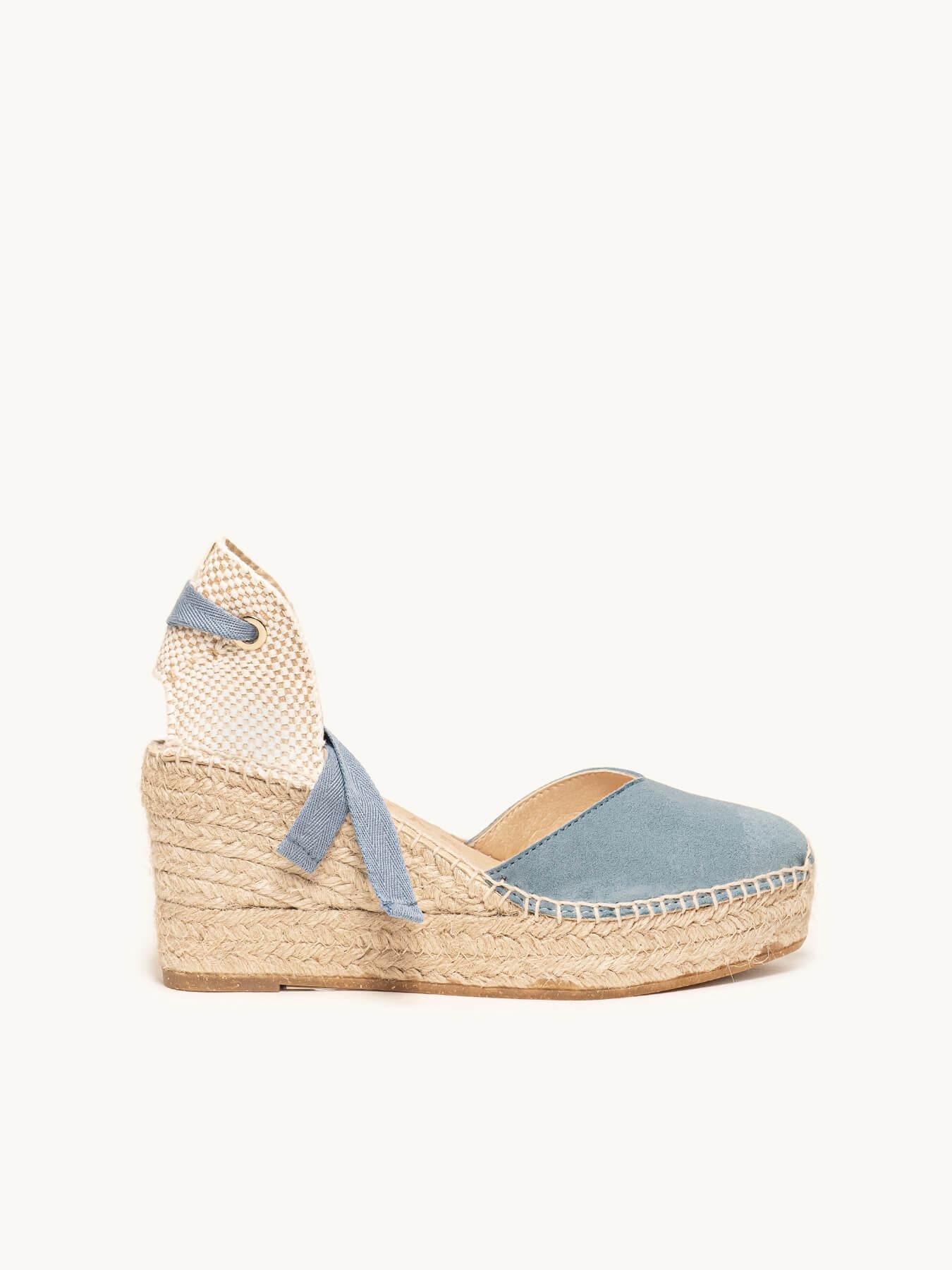 Sandália Romero Anabela 8 cm Camurça Azul Jeans