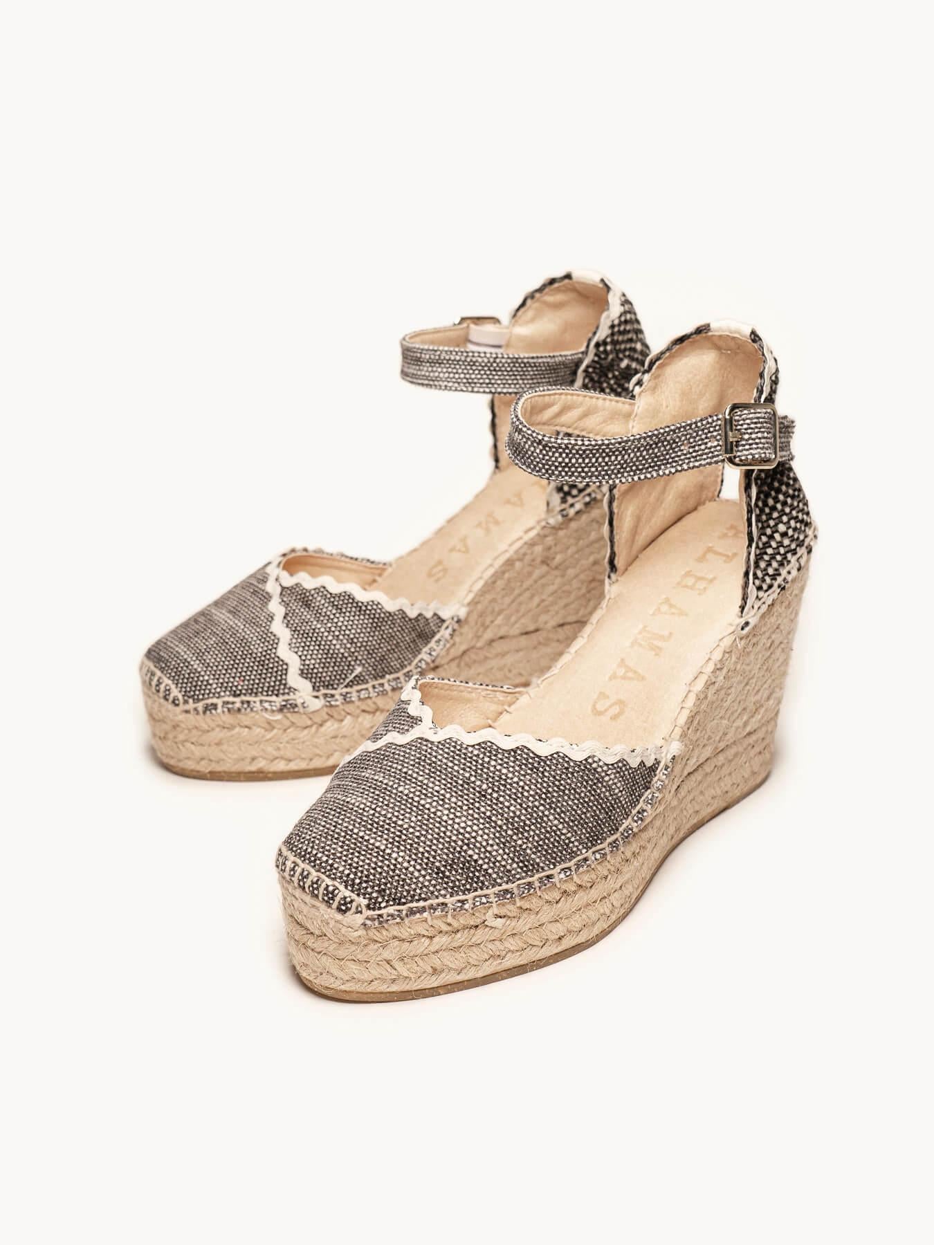 Sandália Anabela Alta Jara Linho Mesclado Preto