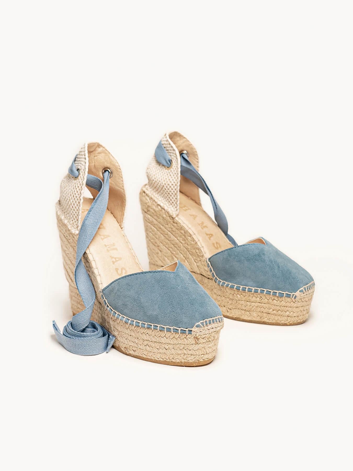Sandália Romero Anabela 12 cm Camurça Azul Jeans