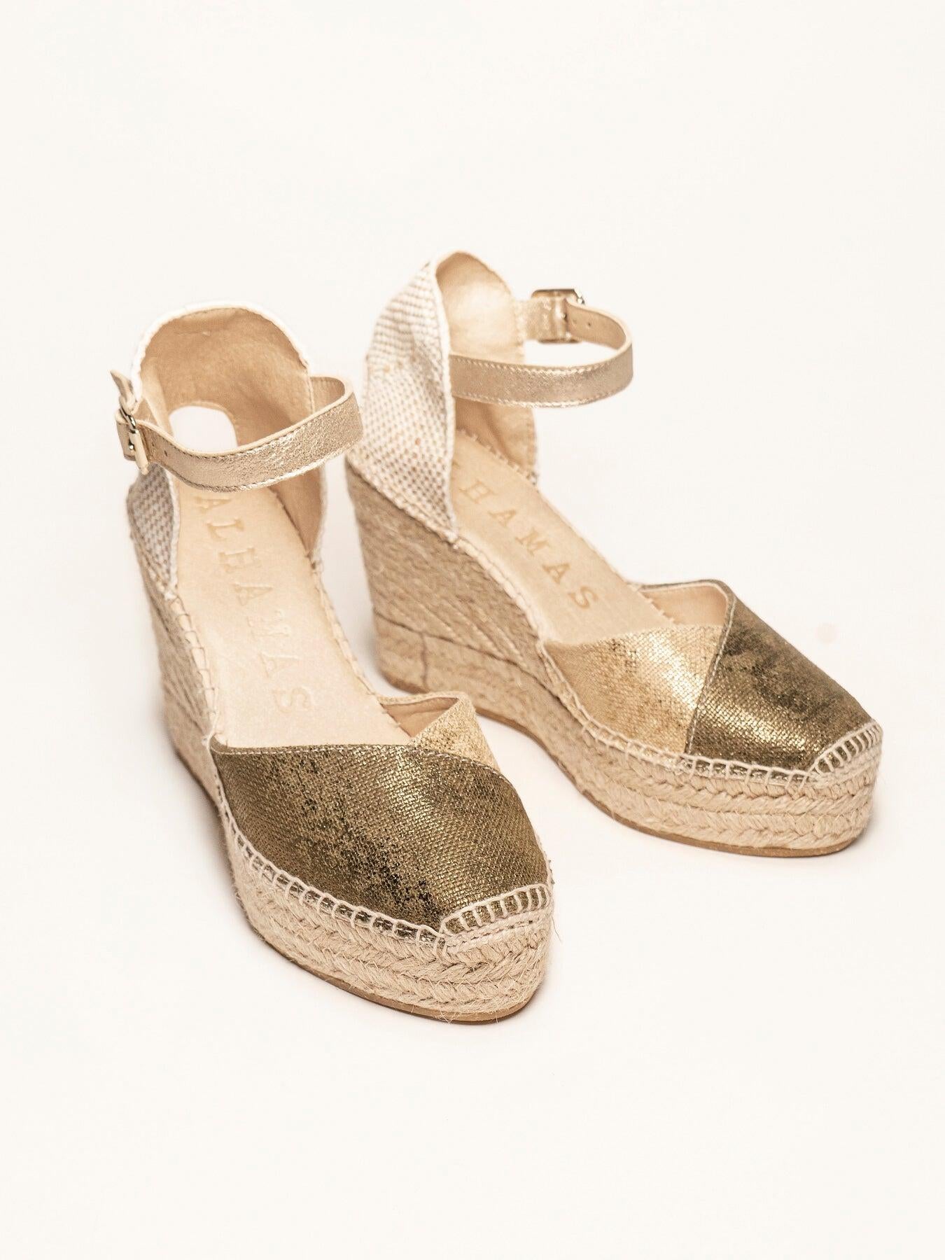 Sandália Anabela Alta Jara Linho Metalizado Verde Caqui