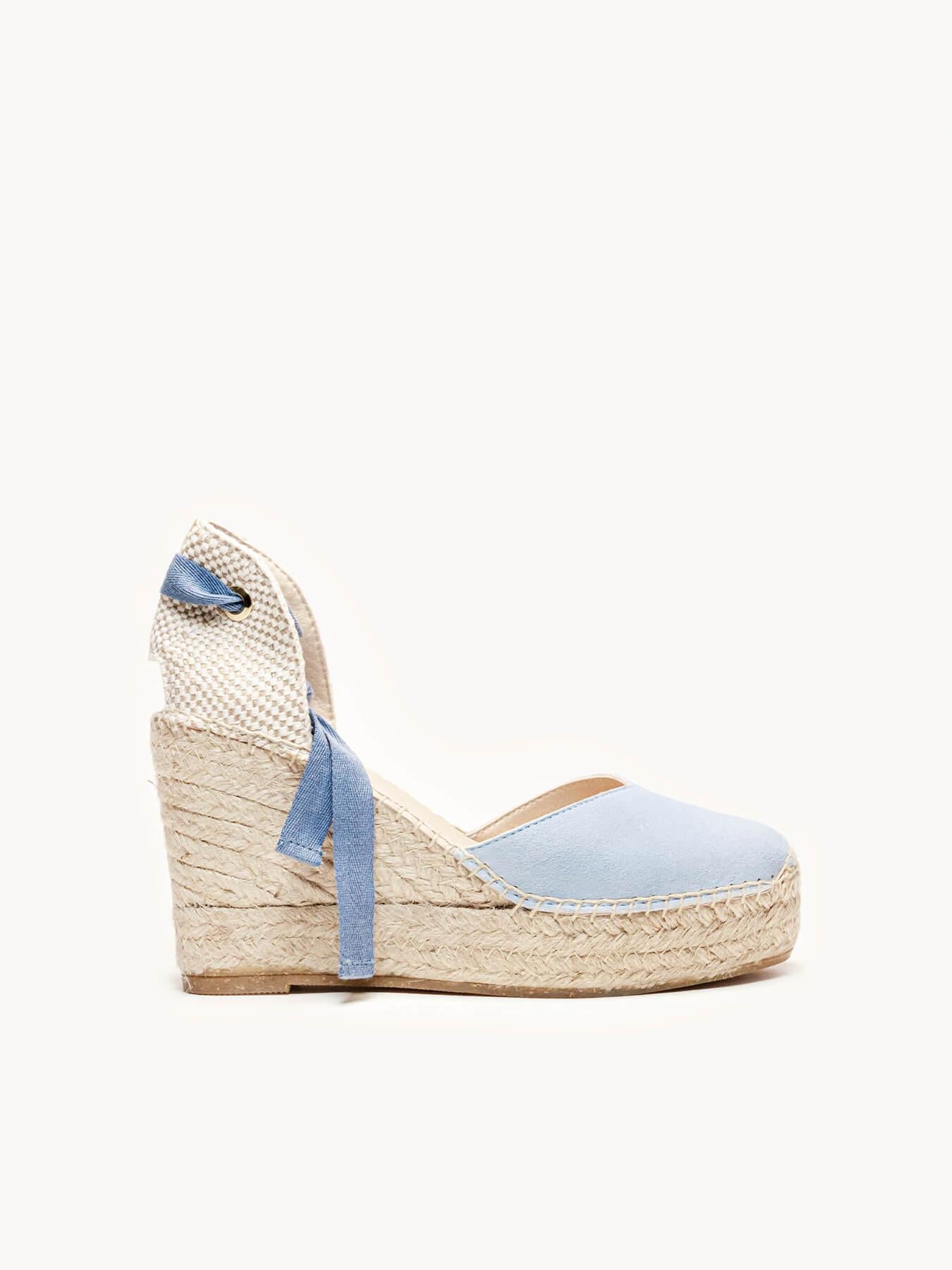 Sandália Romero Anabela 10 cm Camurça Azul Claro