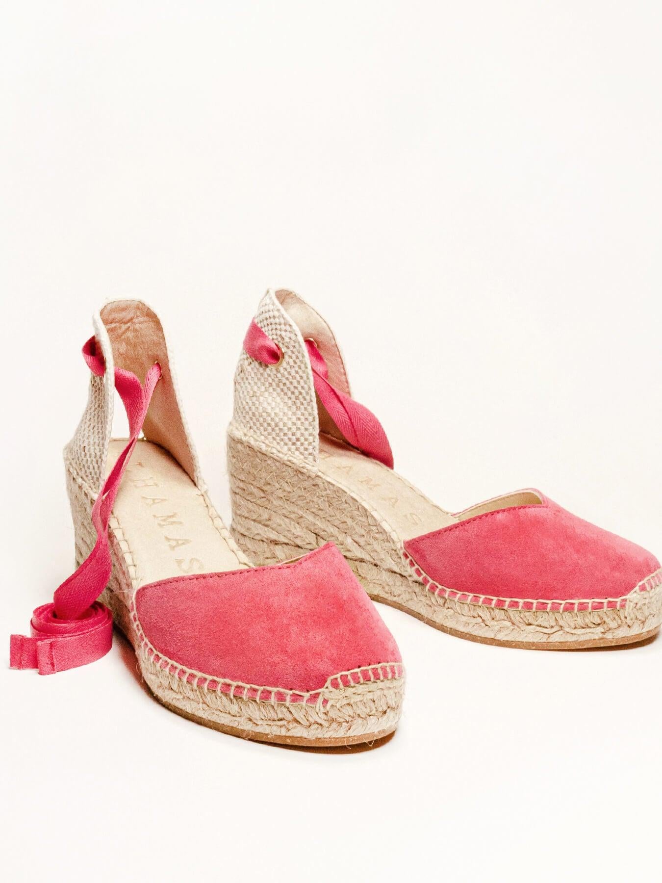 Sandália Anabela Média Romero Camurça Fúcsia