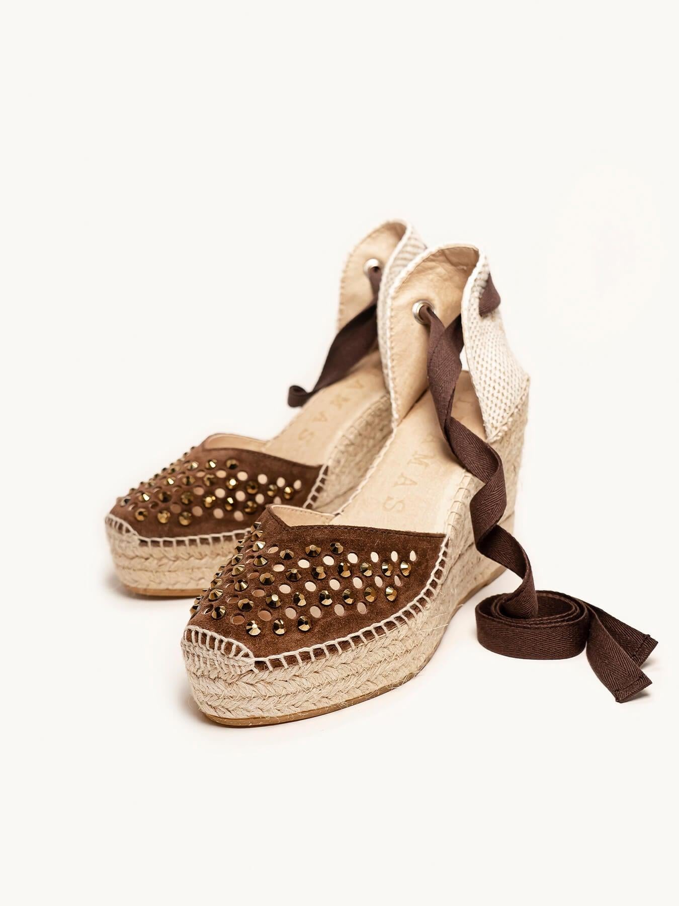 Sandália Romero Anabela 10 cm Camurça Marrom Escuro