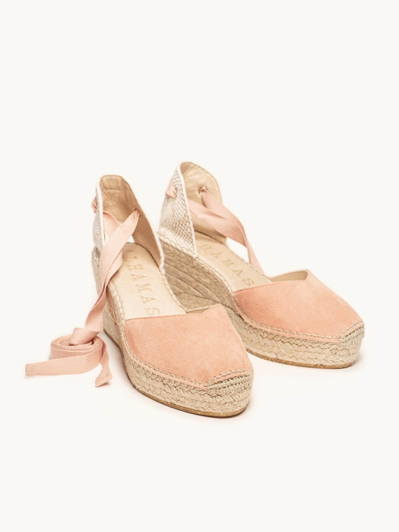 Sandália Romero Anabela 8 cm Camurça Laranja Claro