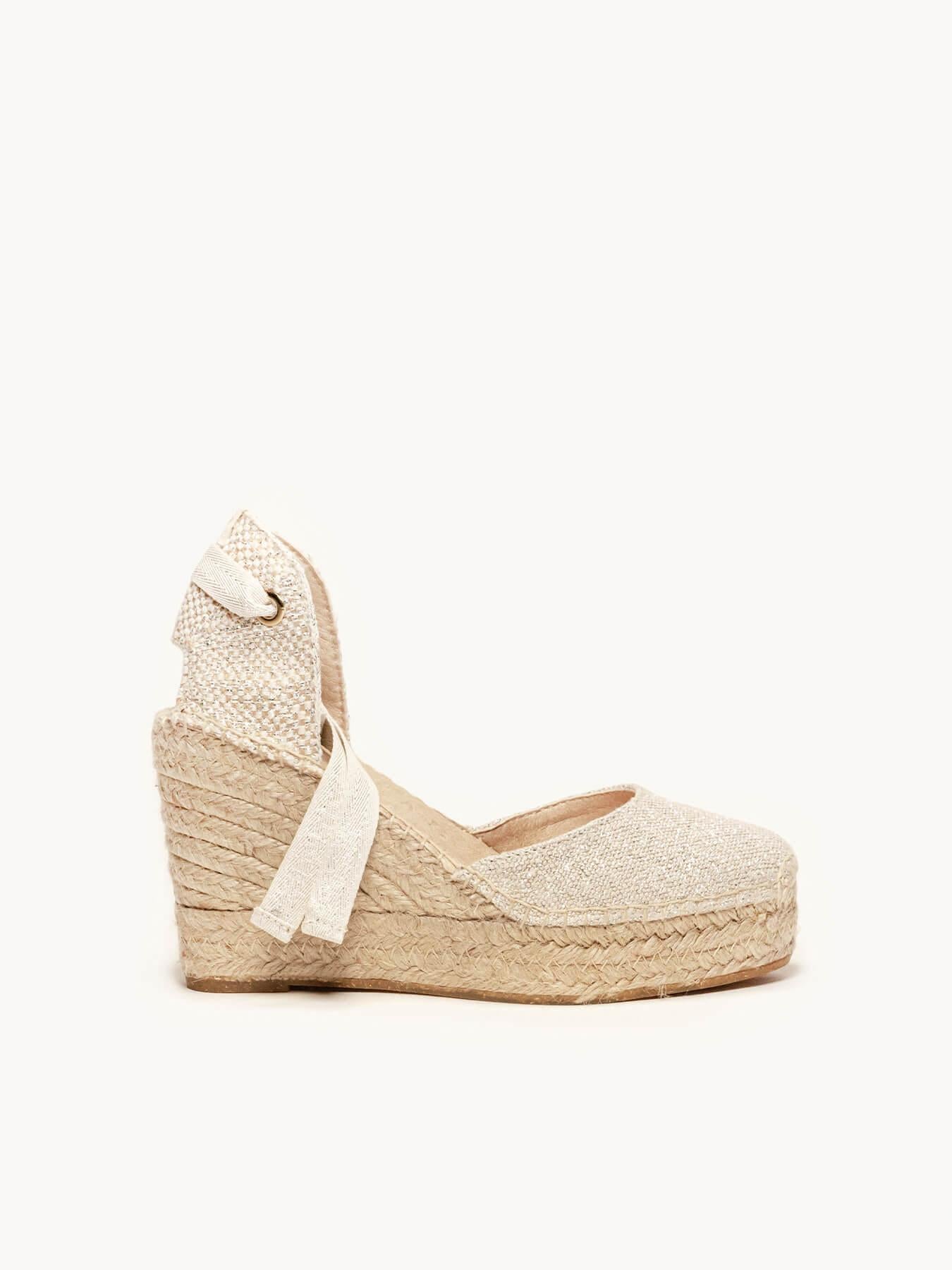 Sandália Anabela Alta Cala Linho Metal Prata