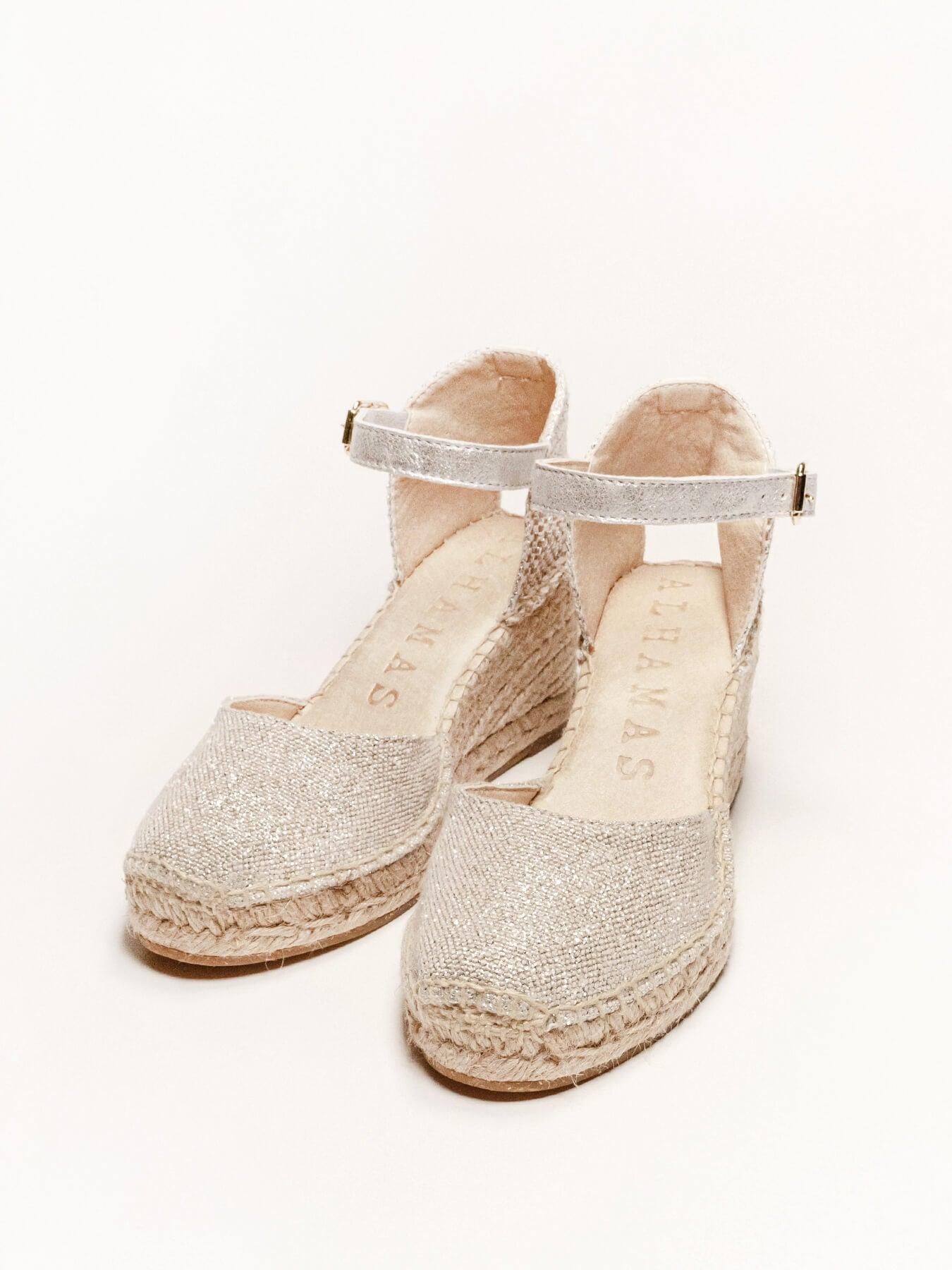 Sandália Anabela Média Dalia Linho Metalizado Prata