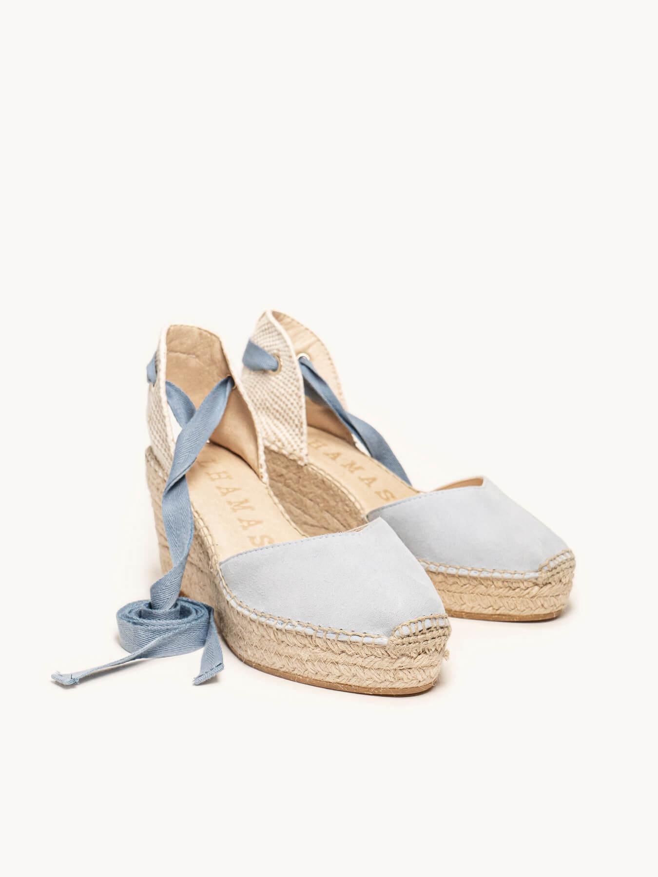 Sandália Romero Anabela 8 cm Camurça Azul Claro