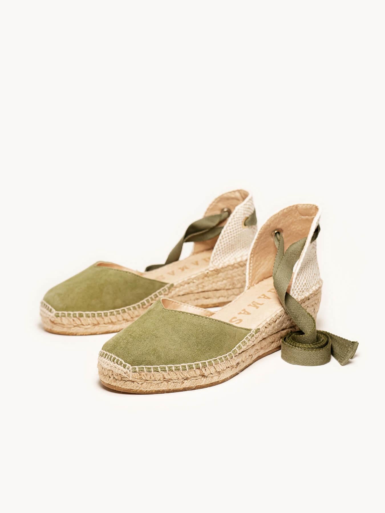 Sandália Romero Anabela 5 cm Camurça Verde Cáqui