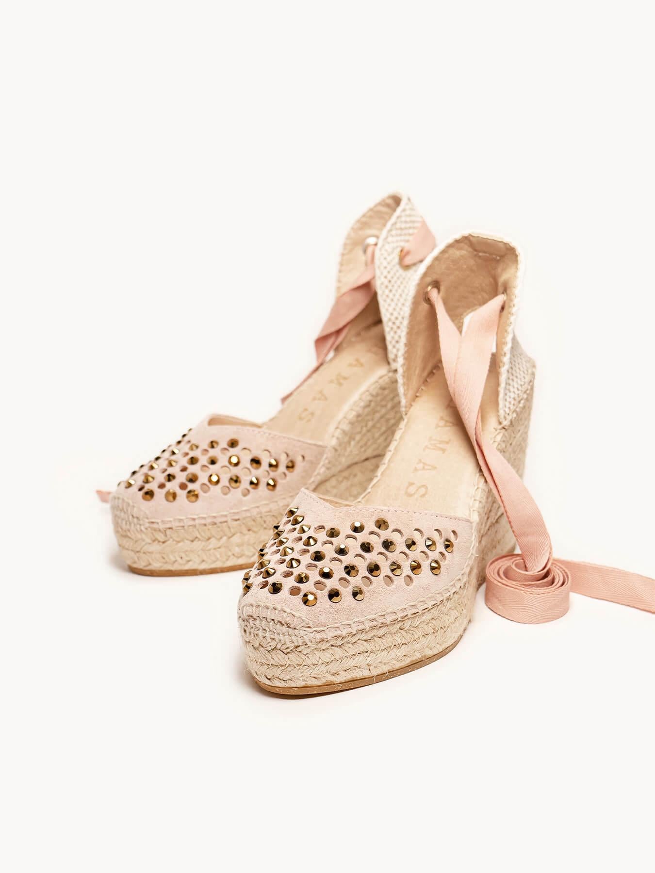 Sandália Romero Anabela 10 cm Camurça Rosa Claro