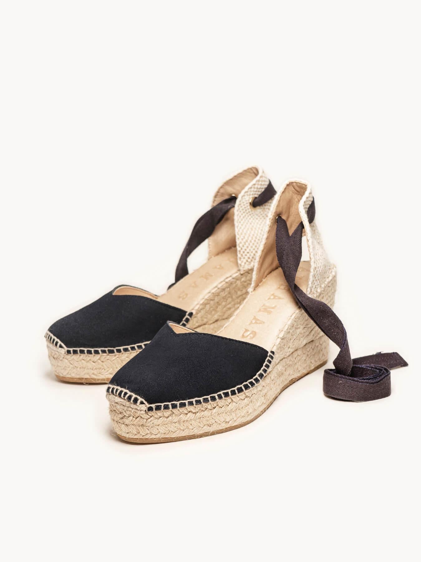 Sandália Romero Anabela 8 cm Camurça Azul Marinho
