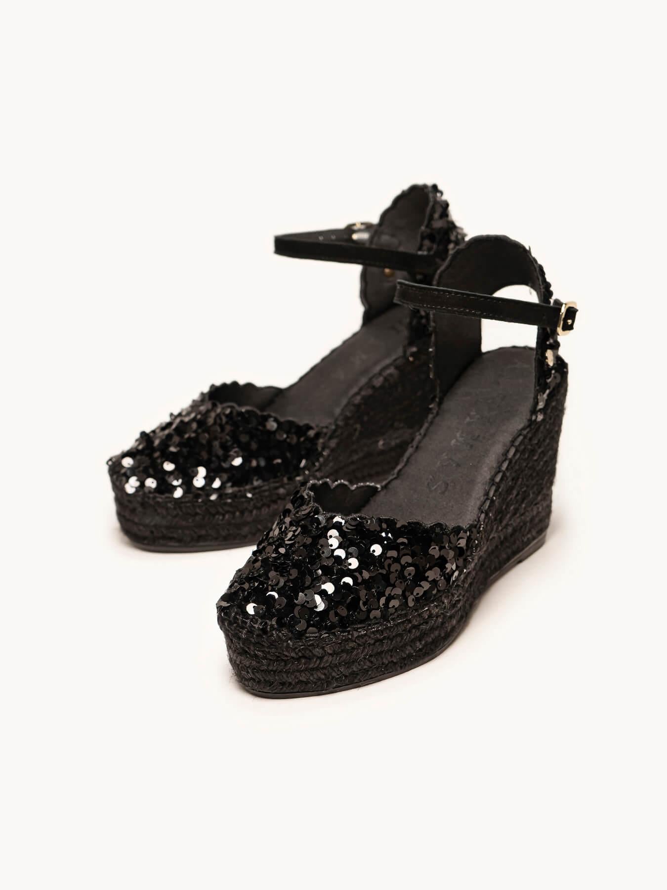 Sandália Jara Anabela 10 cm Paetês Preto