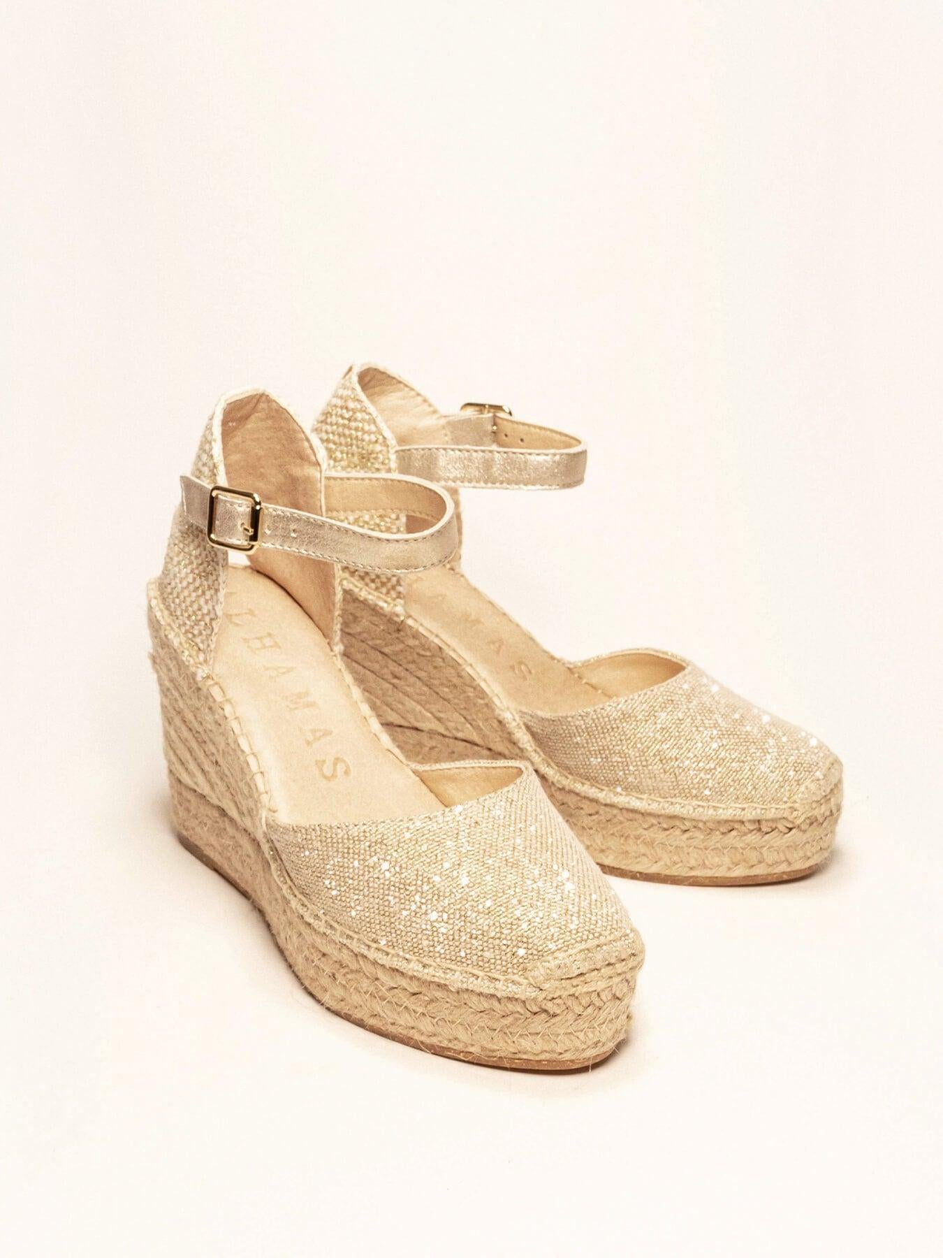 Sandália Anabela Alta Dalia Linho Dourado Metalizado