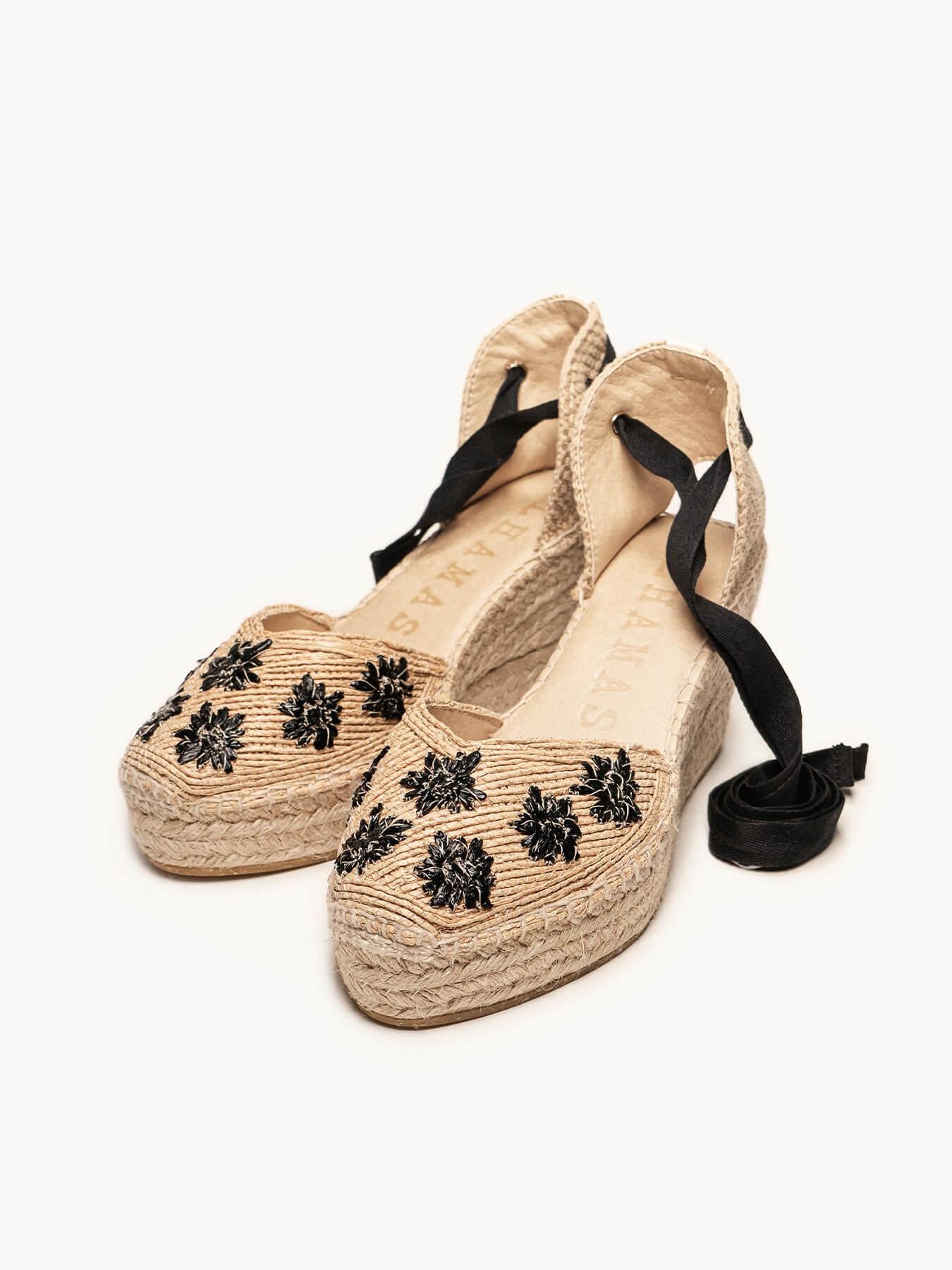 Sandália Anabela Média Plataforma Romero Ráfia Flores Preta