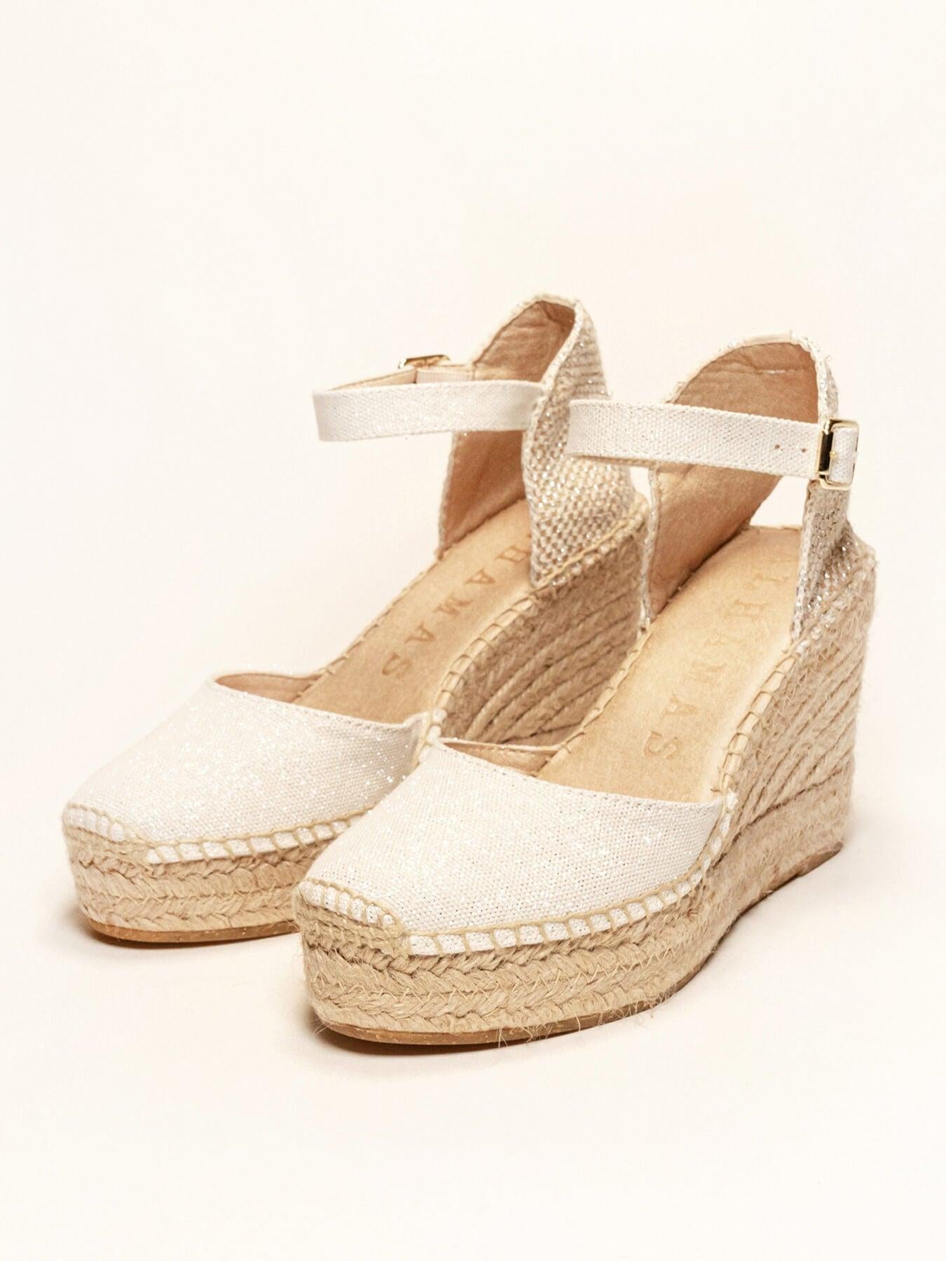 Sandália Dalia Anabela 10 cm Lona Metal Branco