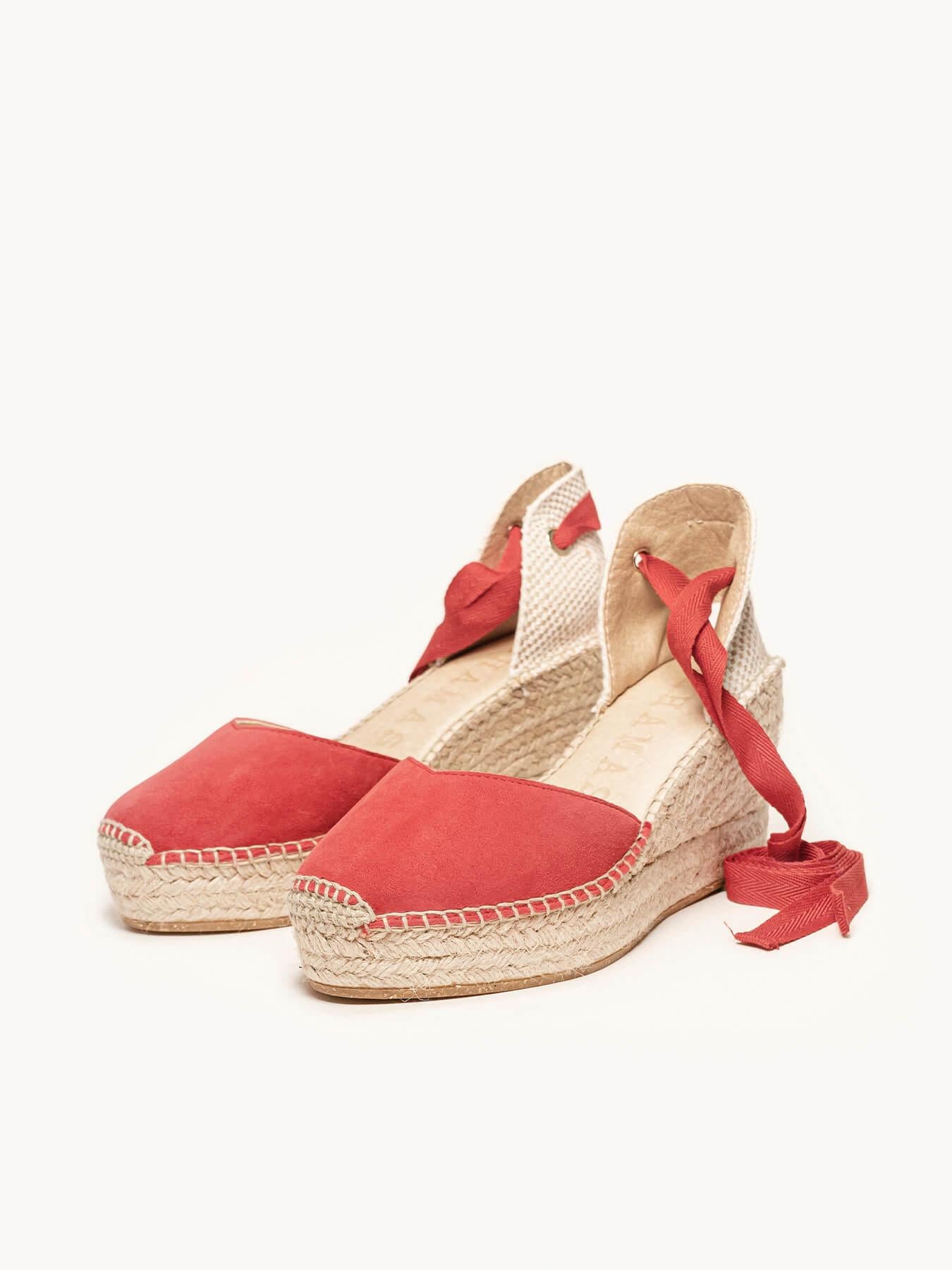 Sandália Romero Anabela 8 cm Camurça Vermelho