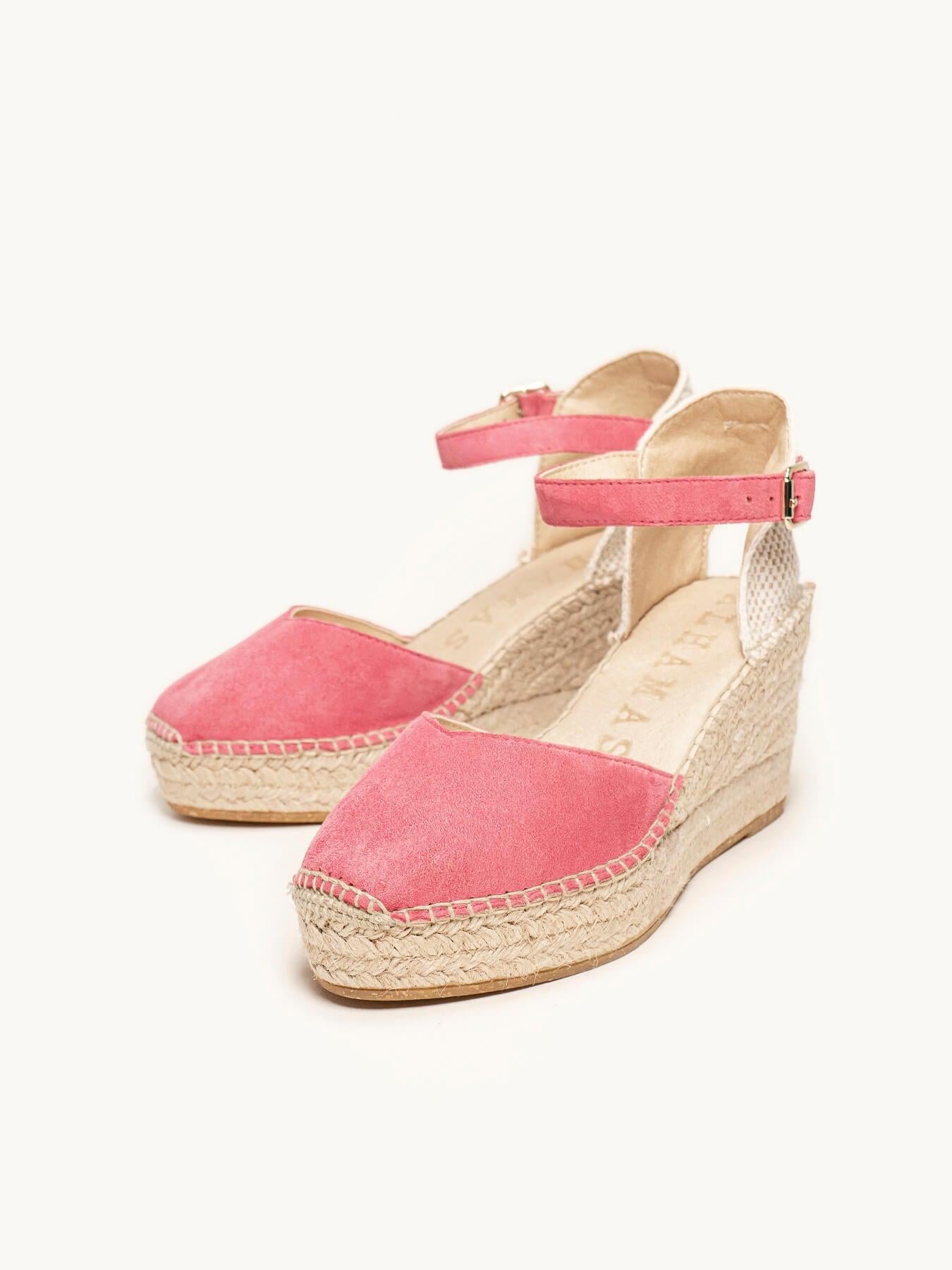 Sandália Anabela Média Plataforma Jara Camurça Rosa Fúcsia