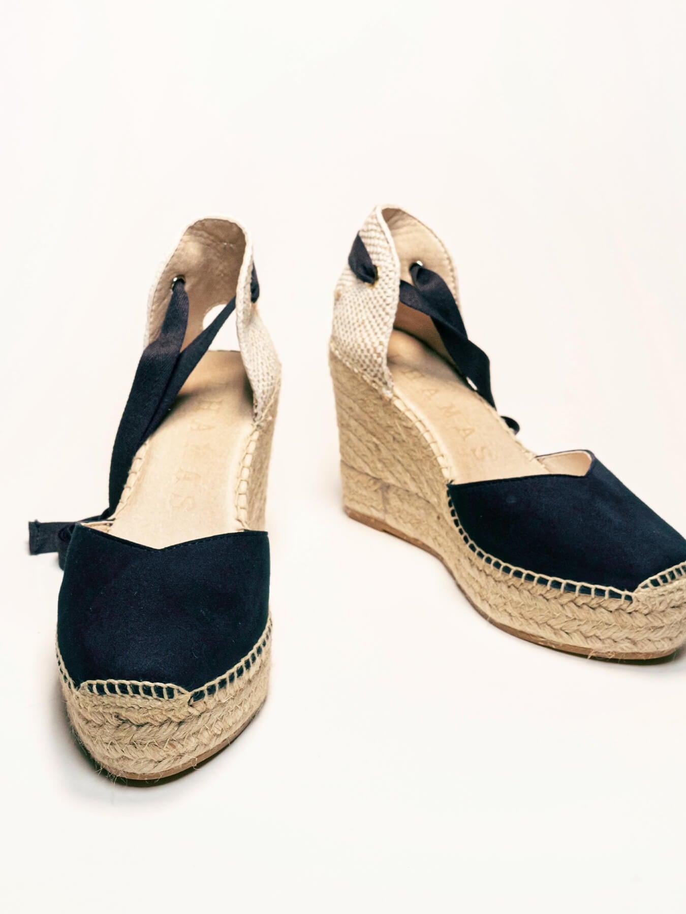 Sandália Romero Anabela 10 cm Camurça Azul Marinho