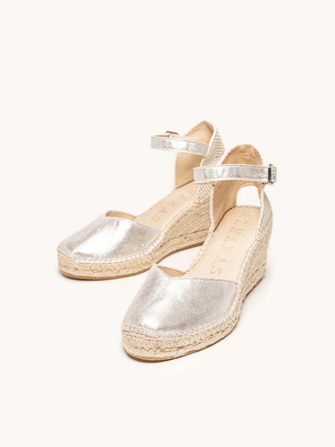 Sandália Anabela Média Jara Camurça Prata Metalizado