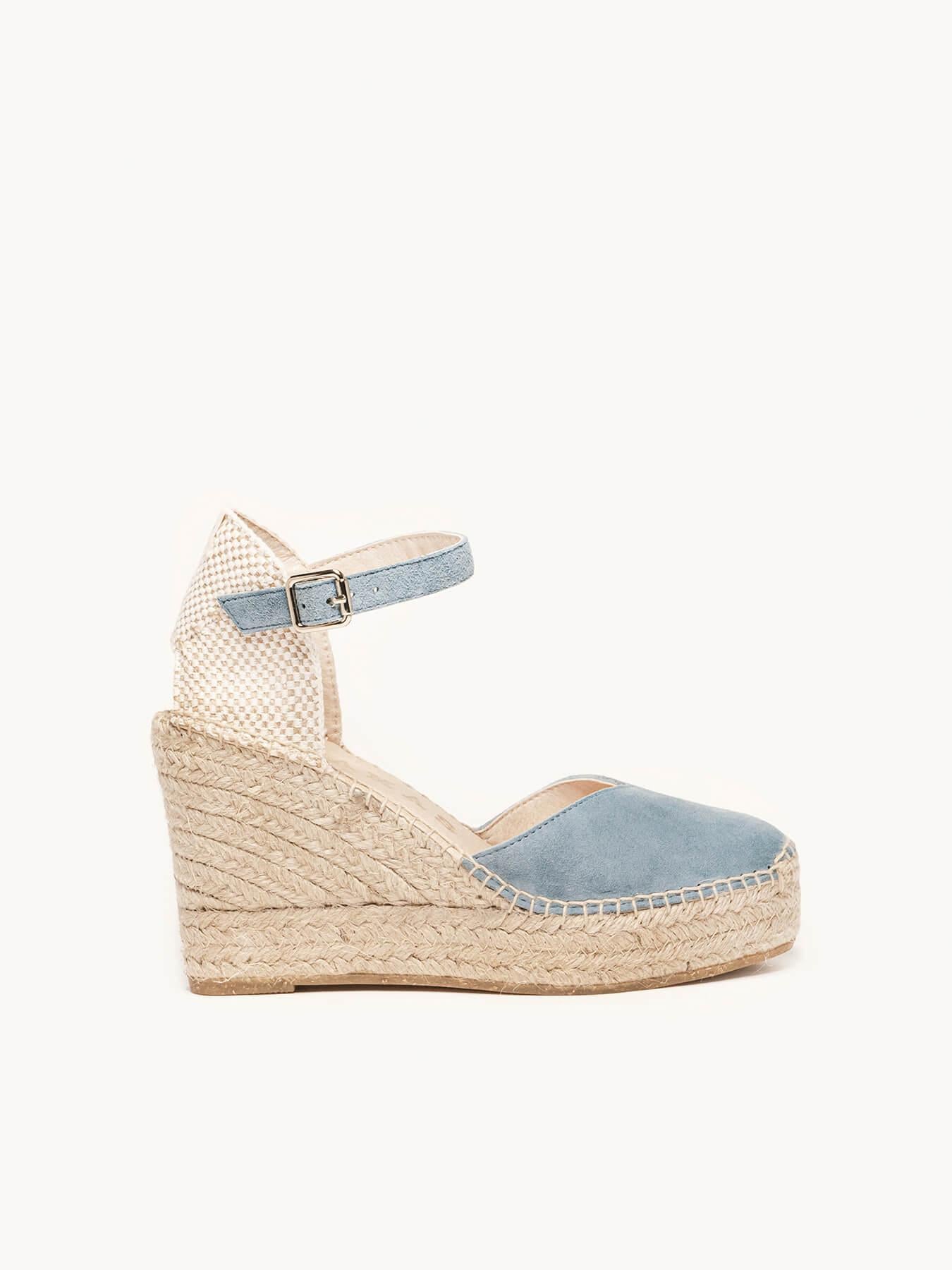 Sandália Anabela Alta Jara Camurça Azul Jeans