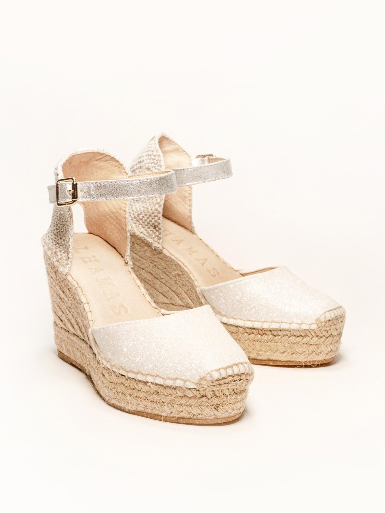 Sandália Anabela Alta Dalia Brilho Branca