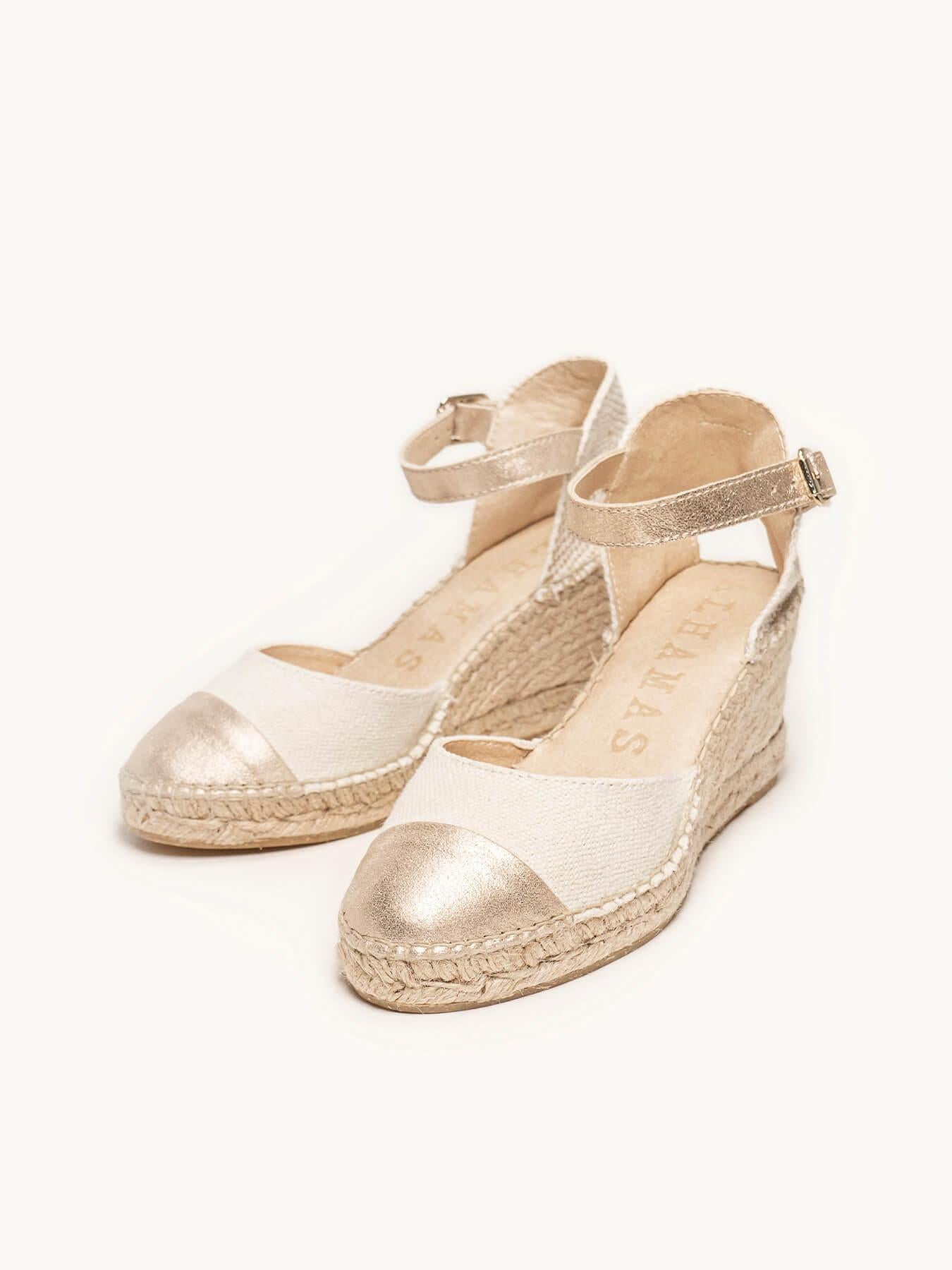 Sandália Anabela Média Marga Napa Linho Ouro