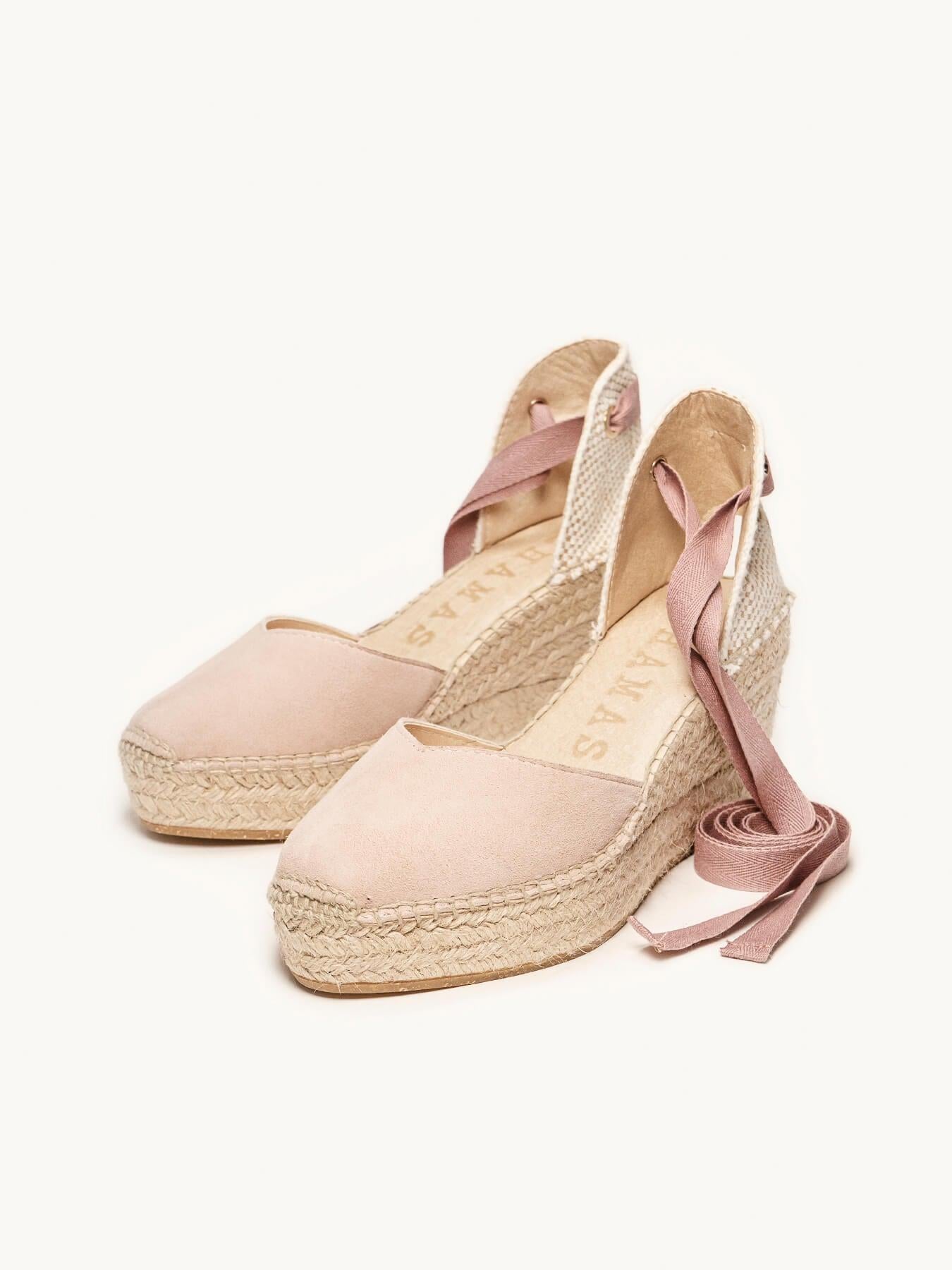 Sandália Romero Anabela 8 cm Camurça Rosa Claro
