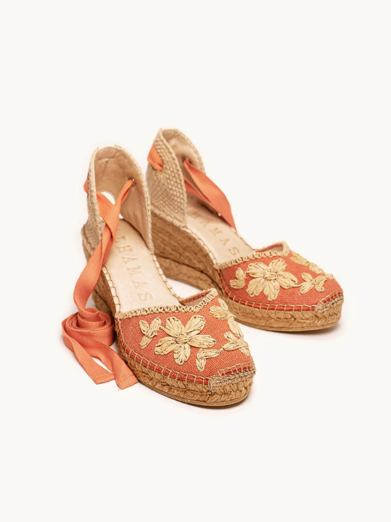 Sandália Romero Anabela 7 cm Bordado Laranja