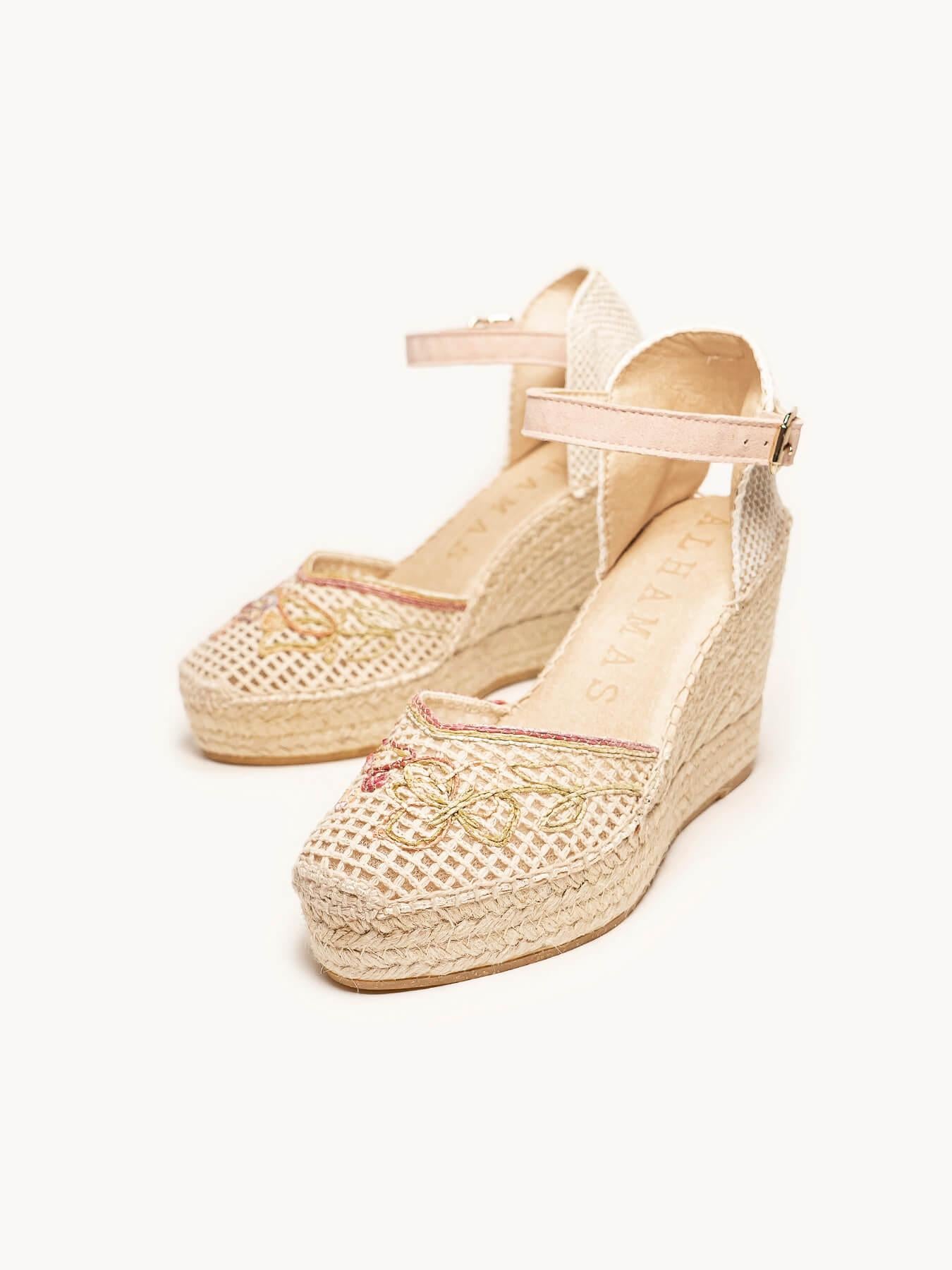 Sandália Jara Anabela 10 cm Bordado Rosa Claro