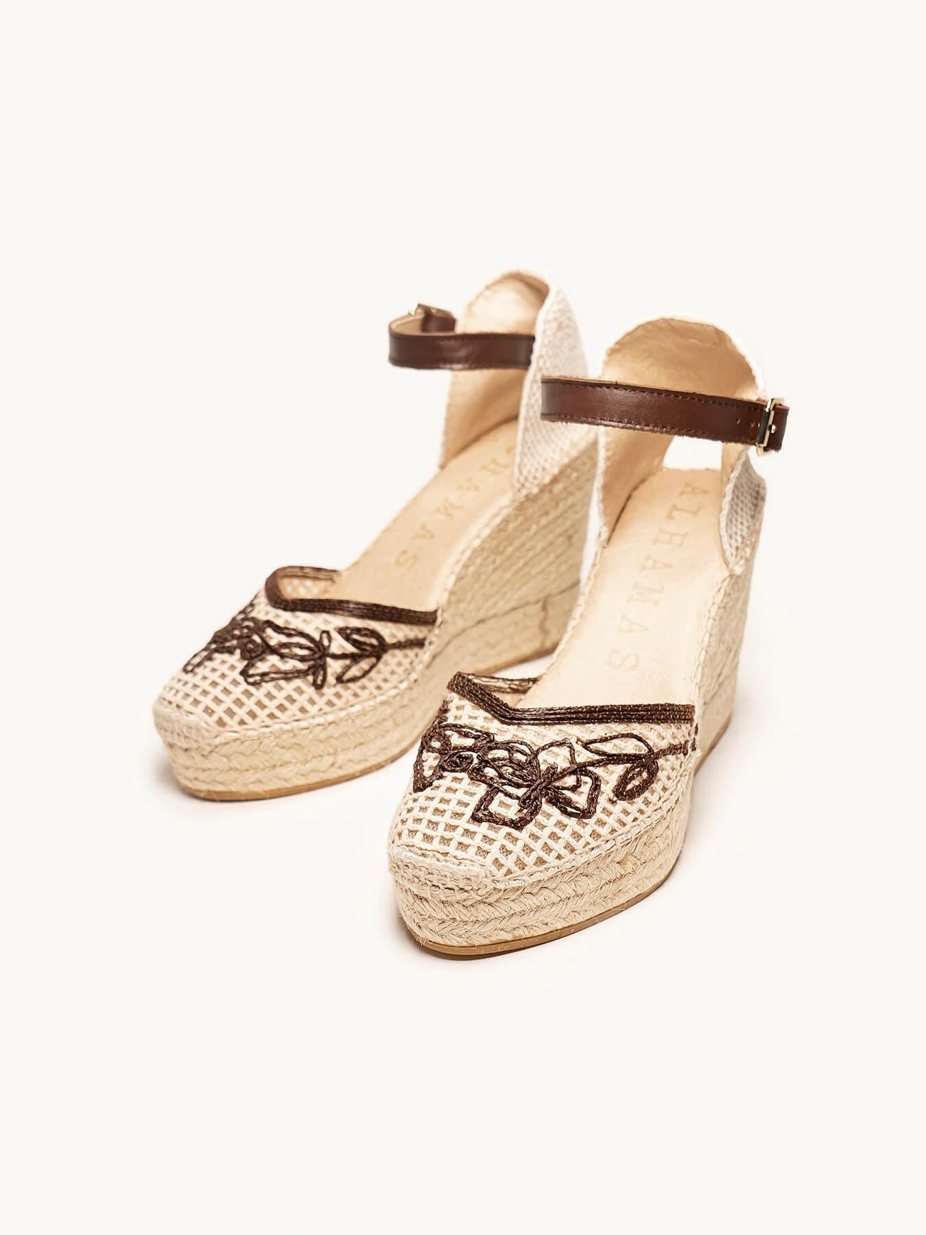 Sandália Jara Anabela 10 cm Bordado Marrom
