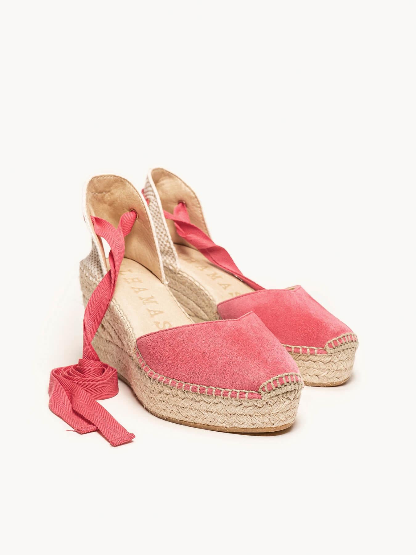 Sandália Romero Anabela 8 cm Camurça Rosa Fúcsia