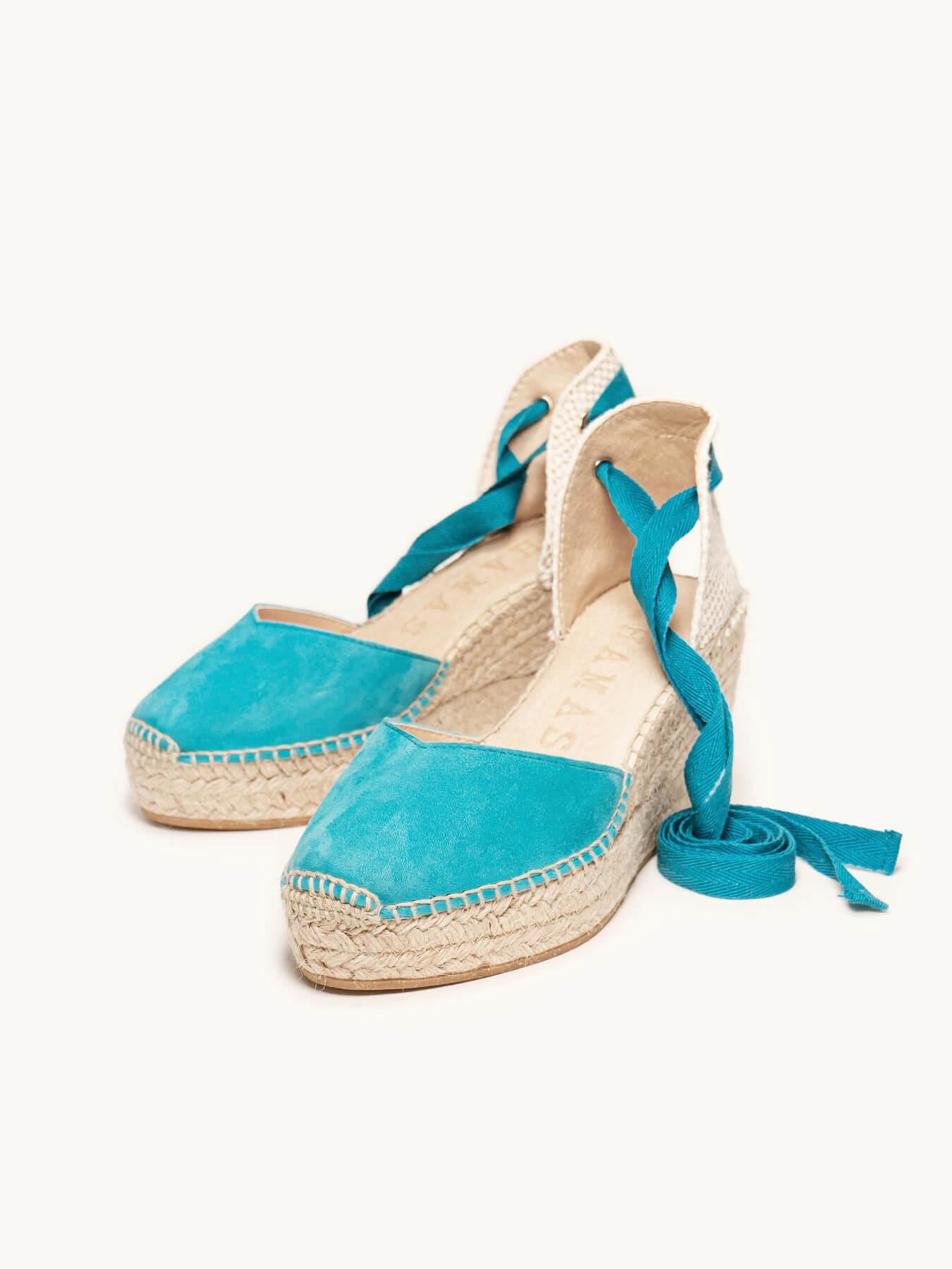 Sandália Romero Anabela 8 cm Camurça Azul Turquesa