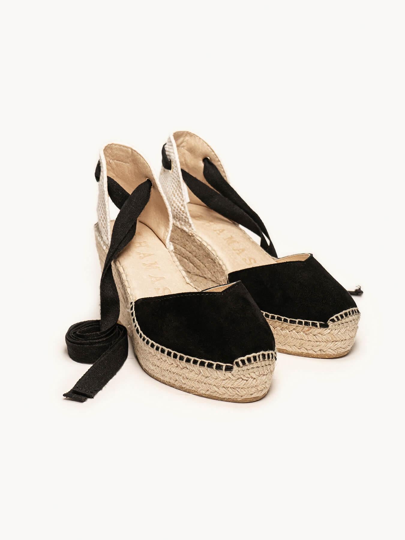 Sandália Romero Anabela 8 cm Camurça Preto